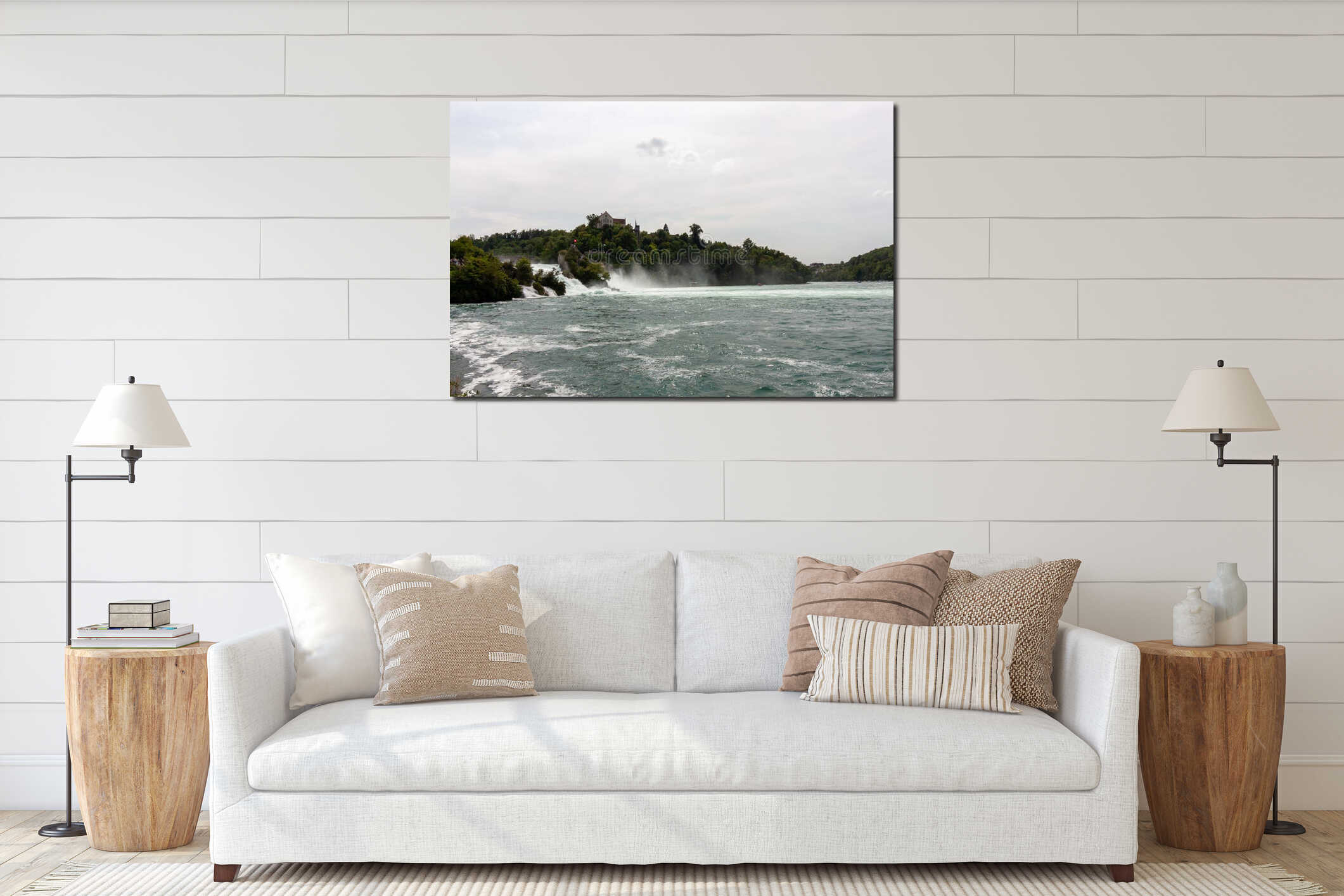 An impressive panoramic view of the Rhine river near the Rhine Falls, with a wide area of foamy white rapids and turquoise water interior mockup