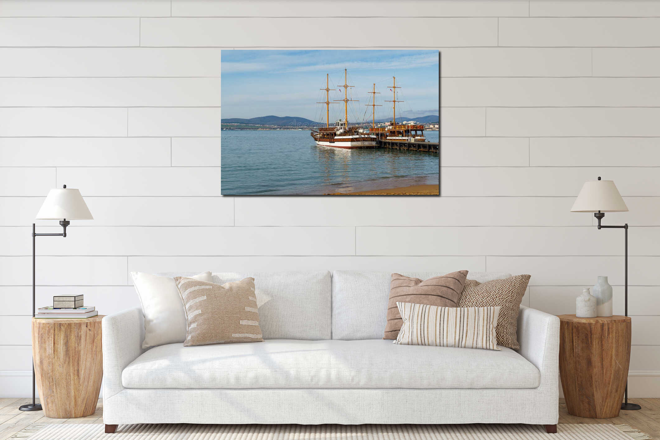 Two majestic pleasure sailing ships docked at pier with scenic backdrop of mountains and cityscape of Gelendzhik interior mockup