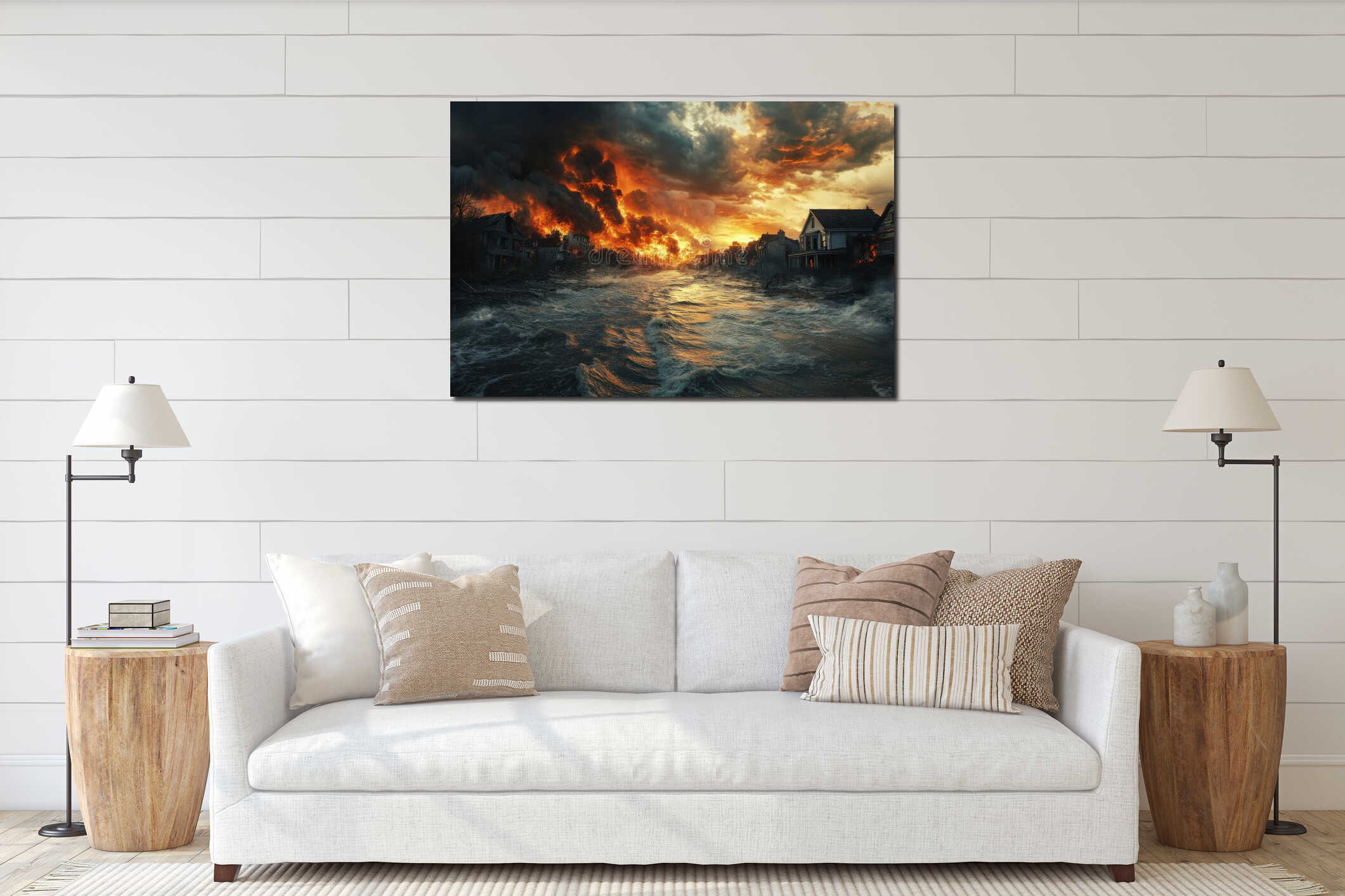 Catastrophe and Environment. A haunting visual of a city engulfed in flames and smoke. interior mockup