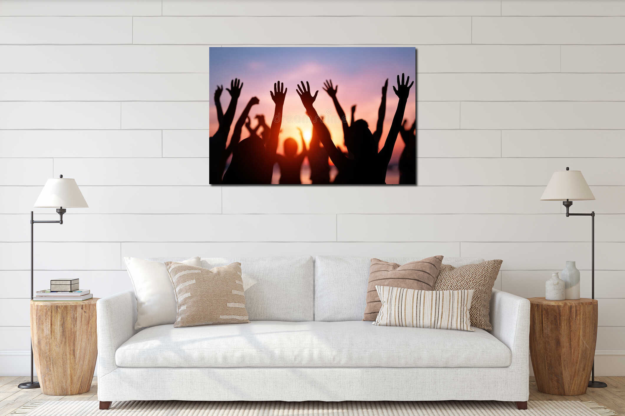 Hands raised crowd, Silhouette people sunset, Celebration concert concept interior mockup