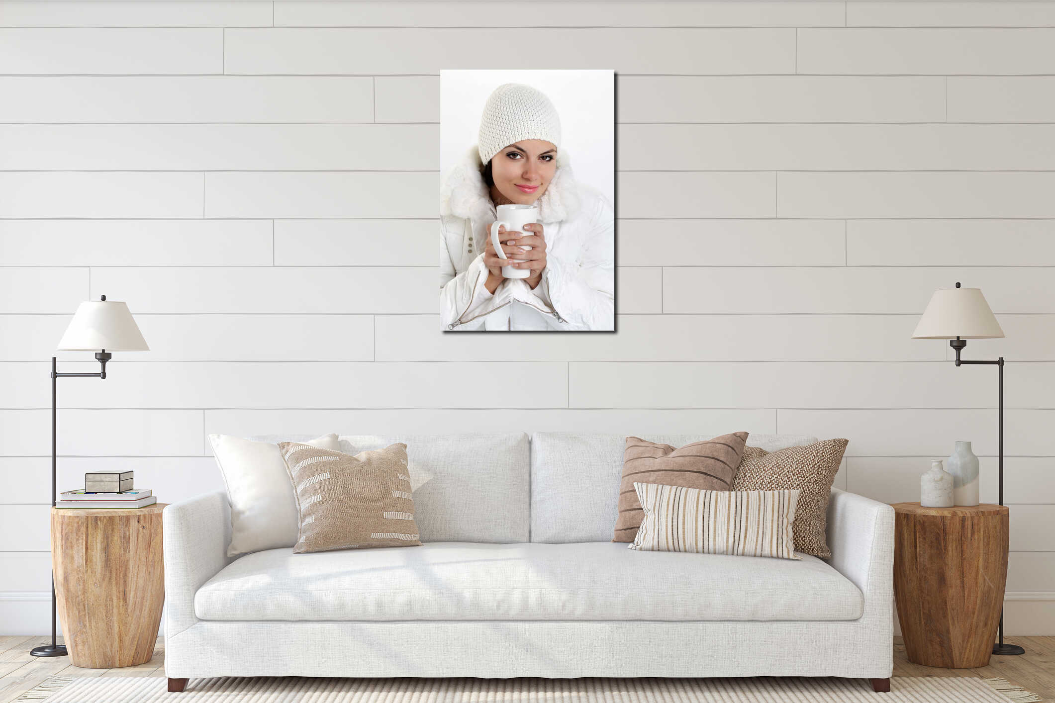 Beautiful girl with cup in hands to keep warm drink interior mockup