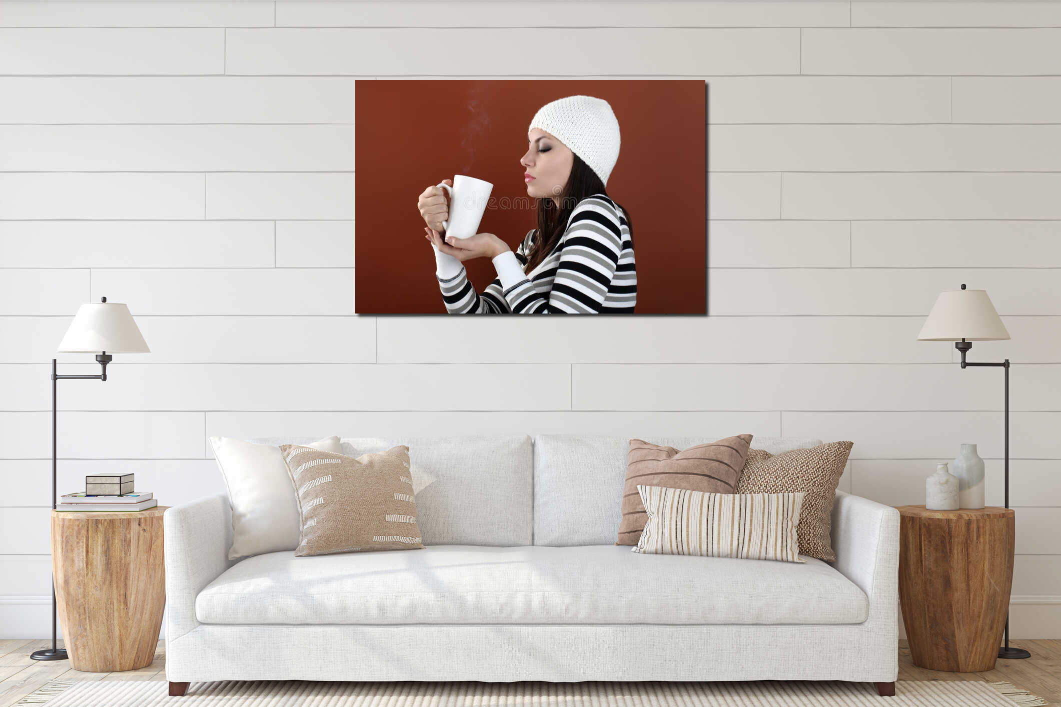 Beautiful girl with cup in hands to keep warm drink interior mockup