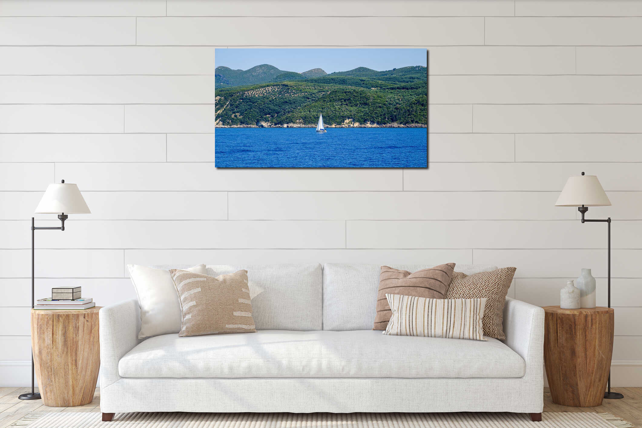 Green coast of Greece with small ship sailing against it interior mockup