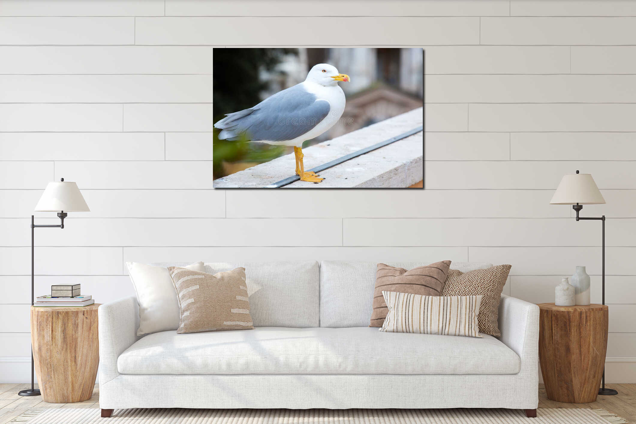 An Elegant Seagull Perched Gracefully on a Coastal Stone Railing interior mockup