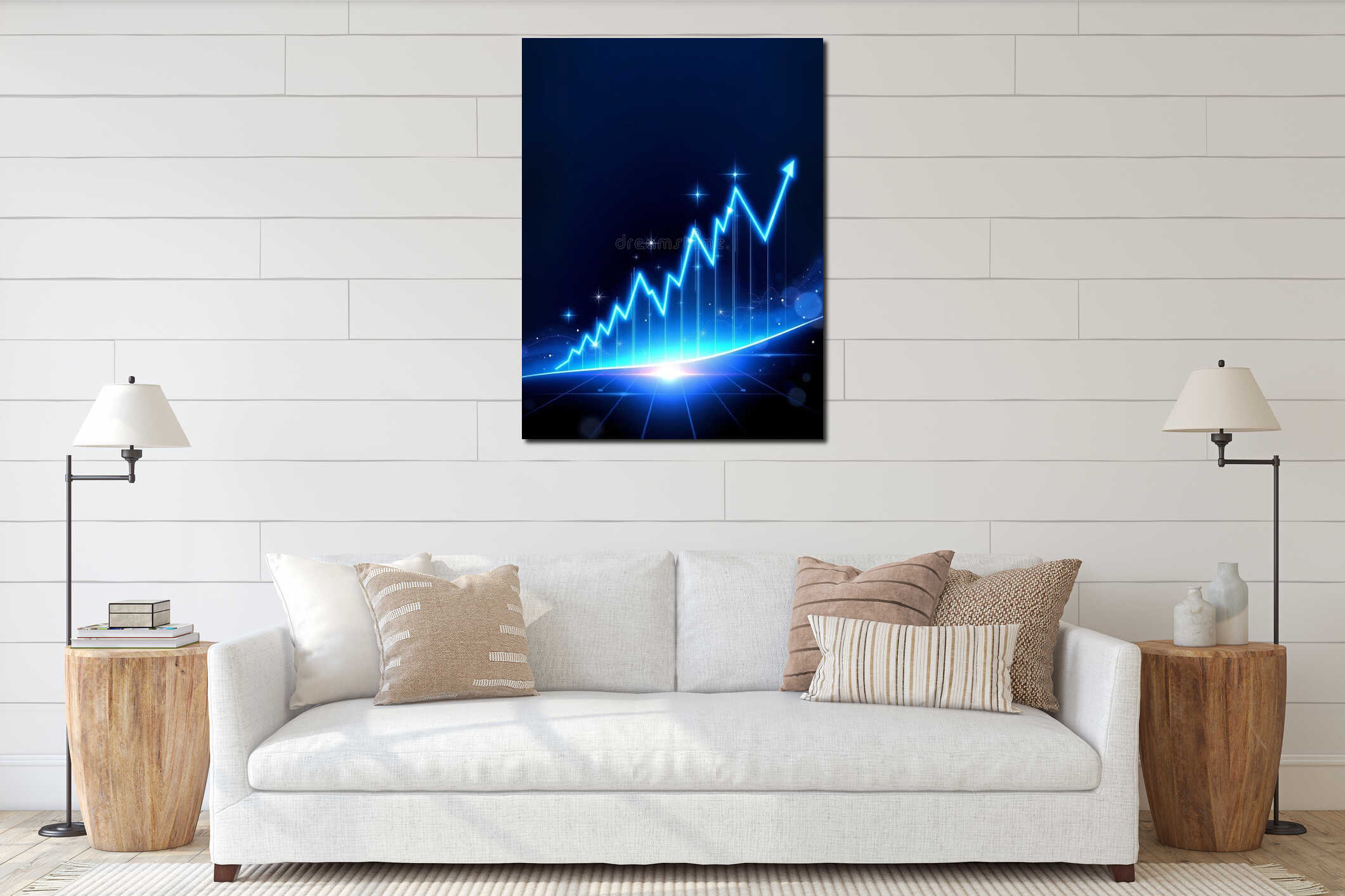 Bright blue glowing financial graph showing upward trend and growth interior mockup