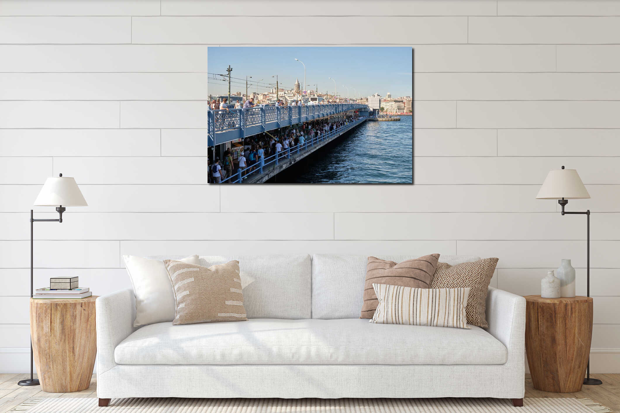 The Galata Bridge across Golden Horn waterway, connecting the historic old city with Karakoy in Istanbul, Turkiye interior mockup