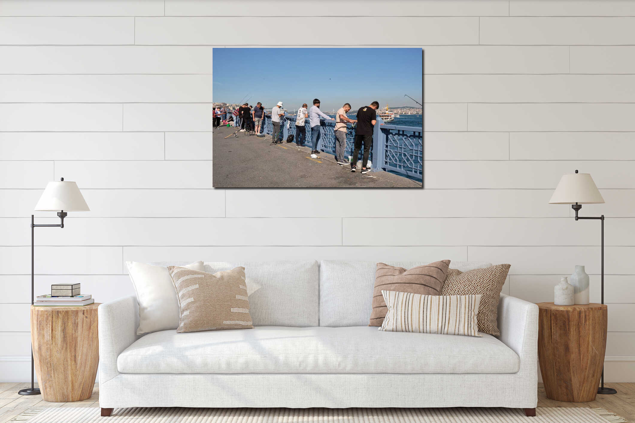 People fishing on Galata Bridge across Golden Horn waterway in Istanbul, Turkiye interior mockup