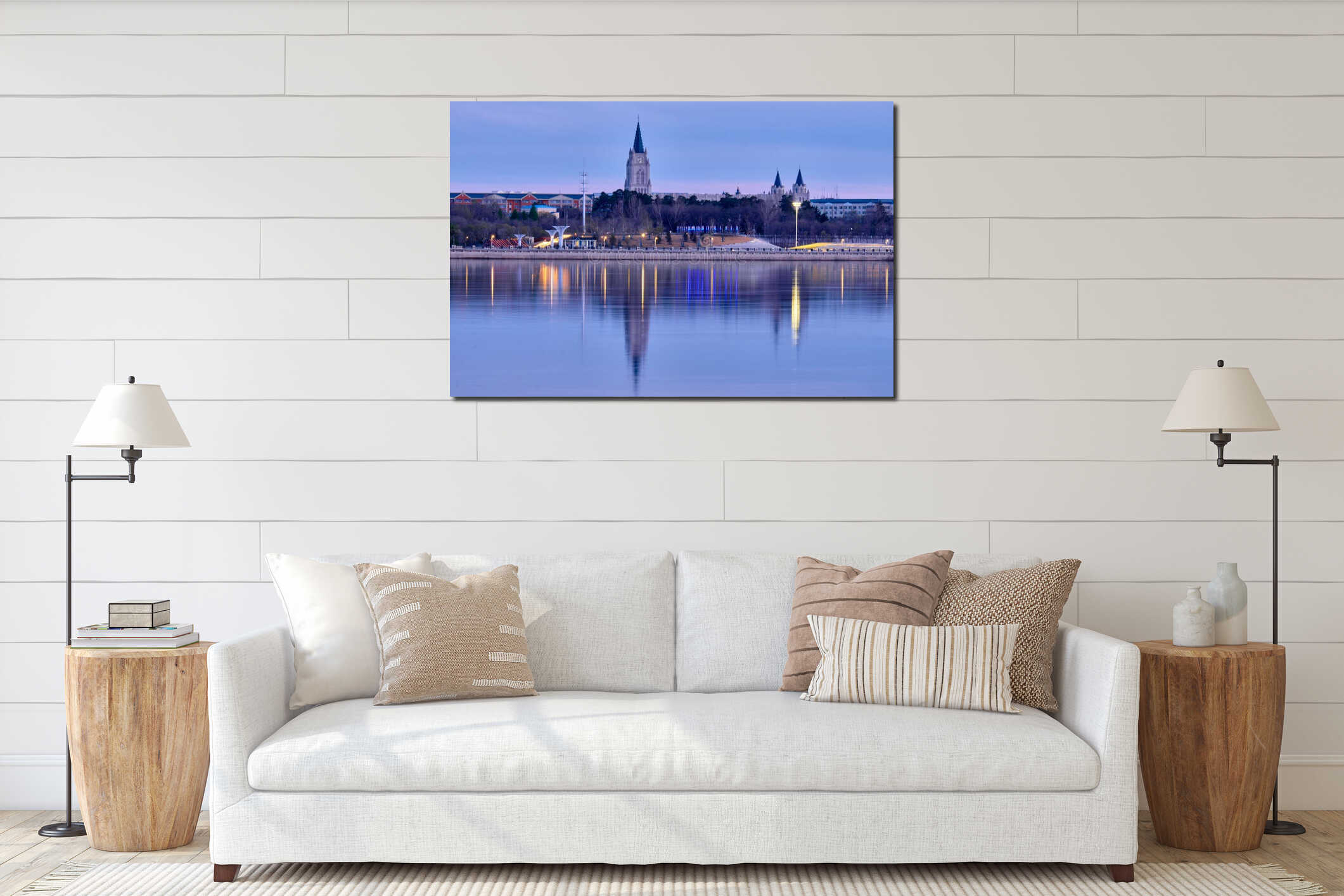 BLAGOVESHCHENSK, Russia - May 06, 2024: view of the Chinese city of Heihe from the embankment in the evening. interior mockup