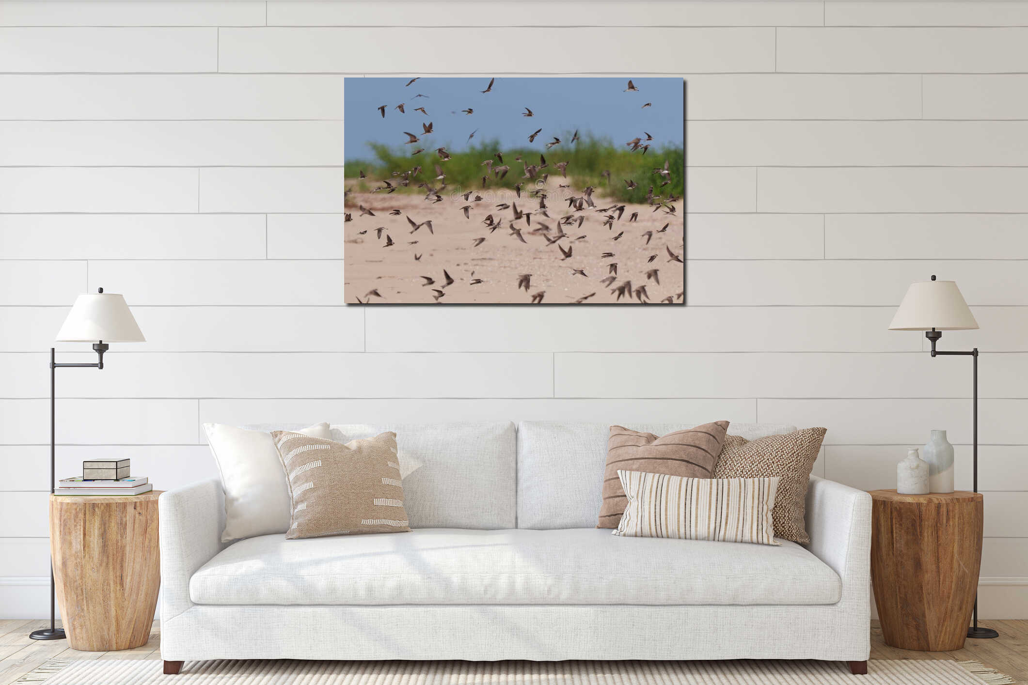 Flock birds flying beach sky nature interior mockup