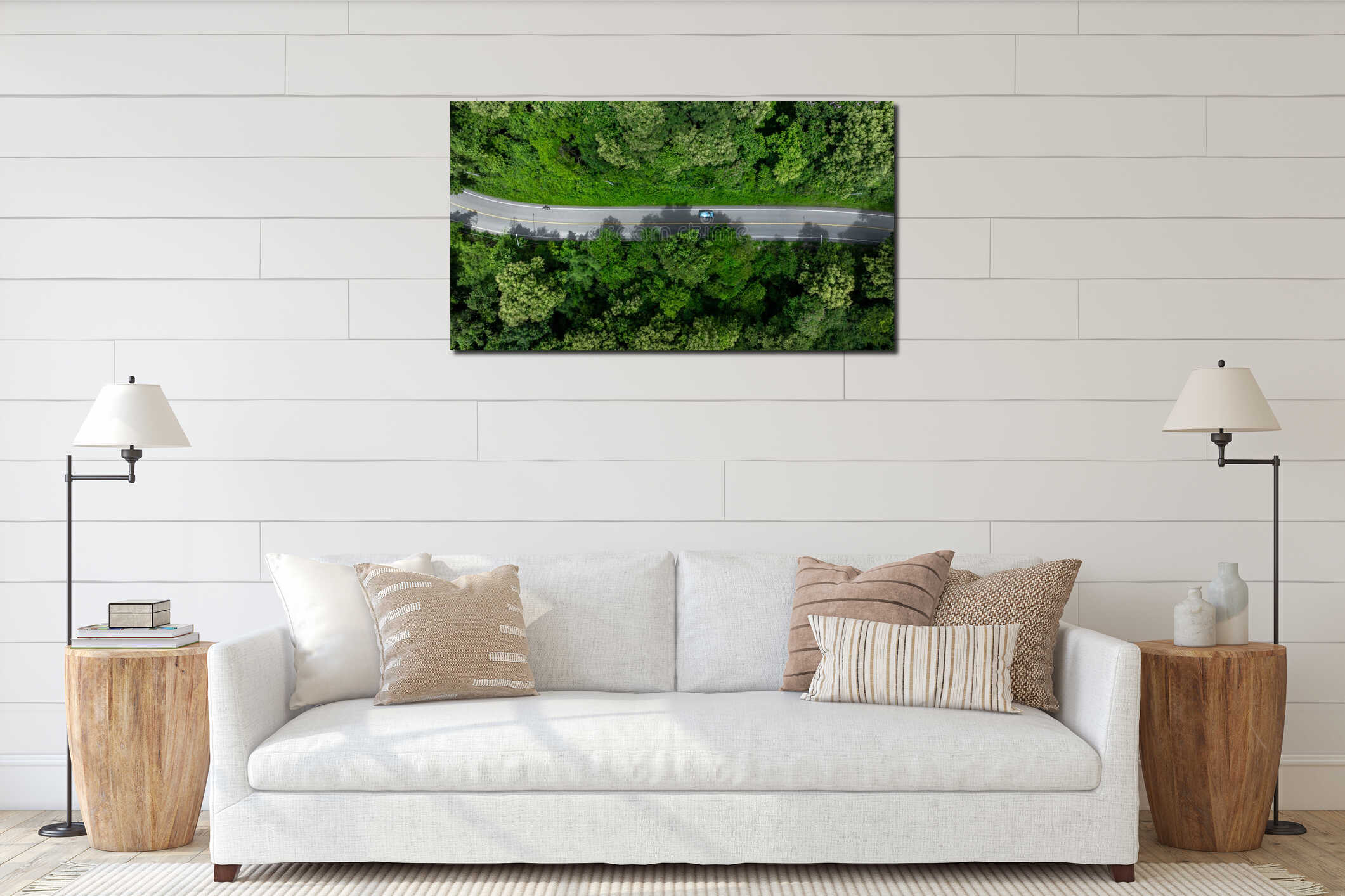 Aerial view asphalt road on green forest mountain curve road with car, Green forest tree asphalt road with car, Mountain forest interior mockup