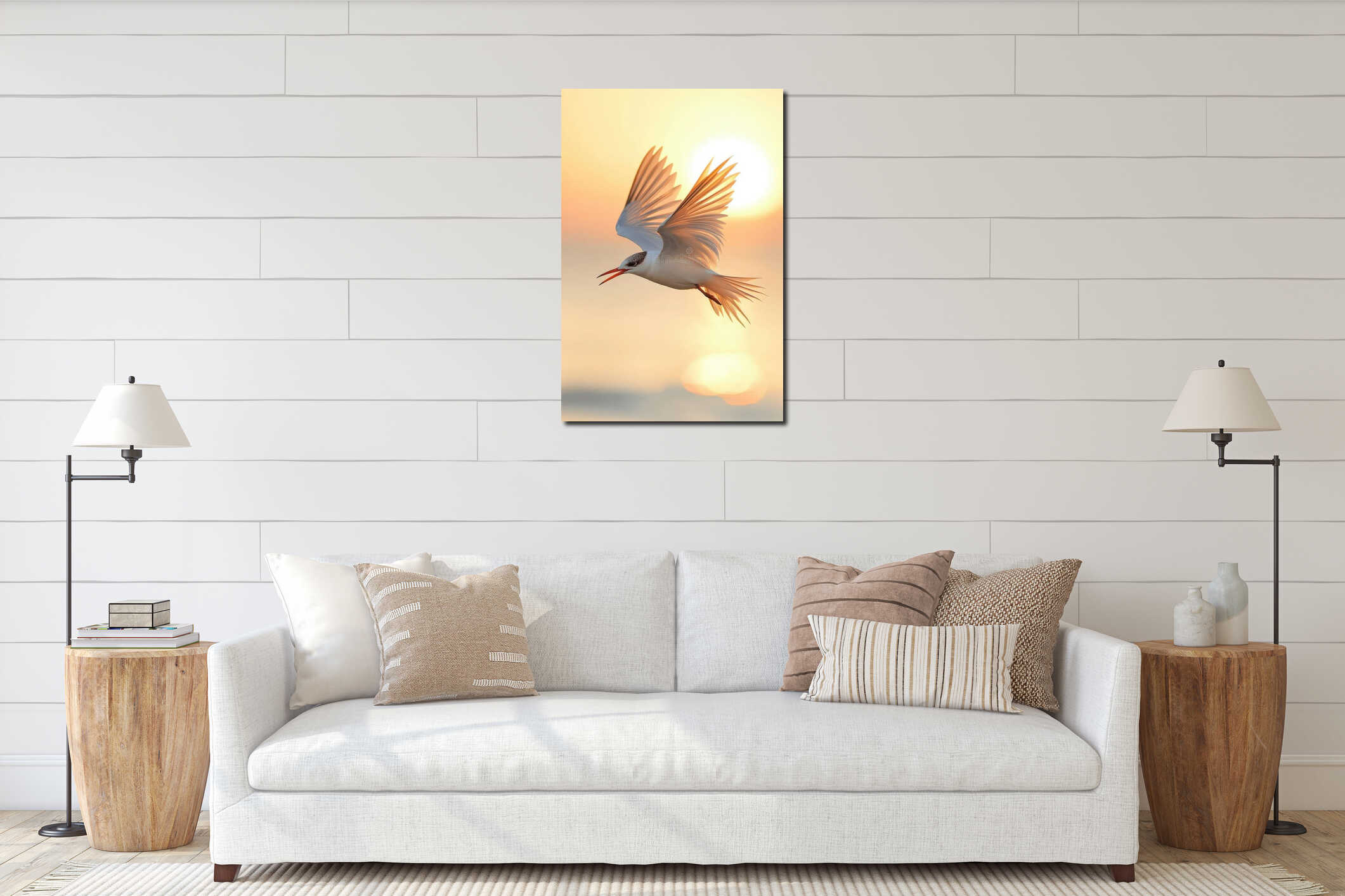 Seabird with bright orange beak flying over ocean. Bird soaring, wings spread wide against sunrise light. Peaceful morning interior mockup