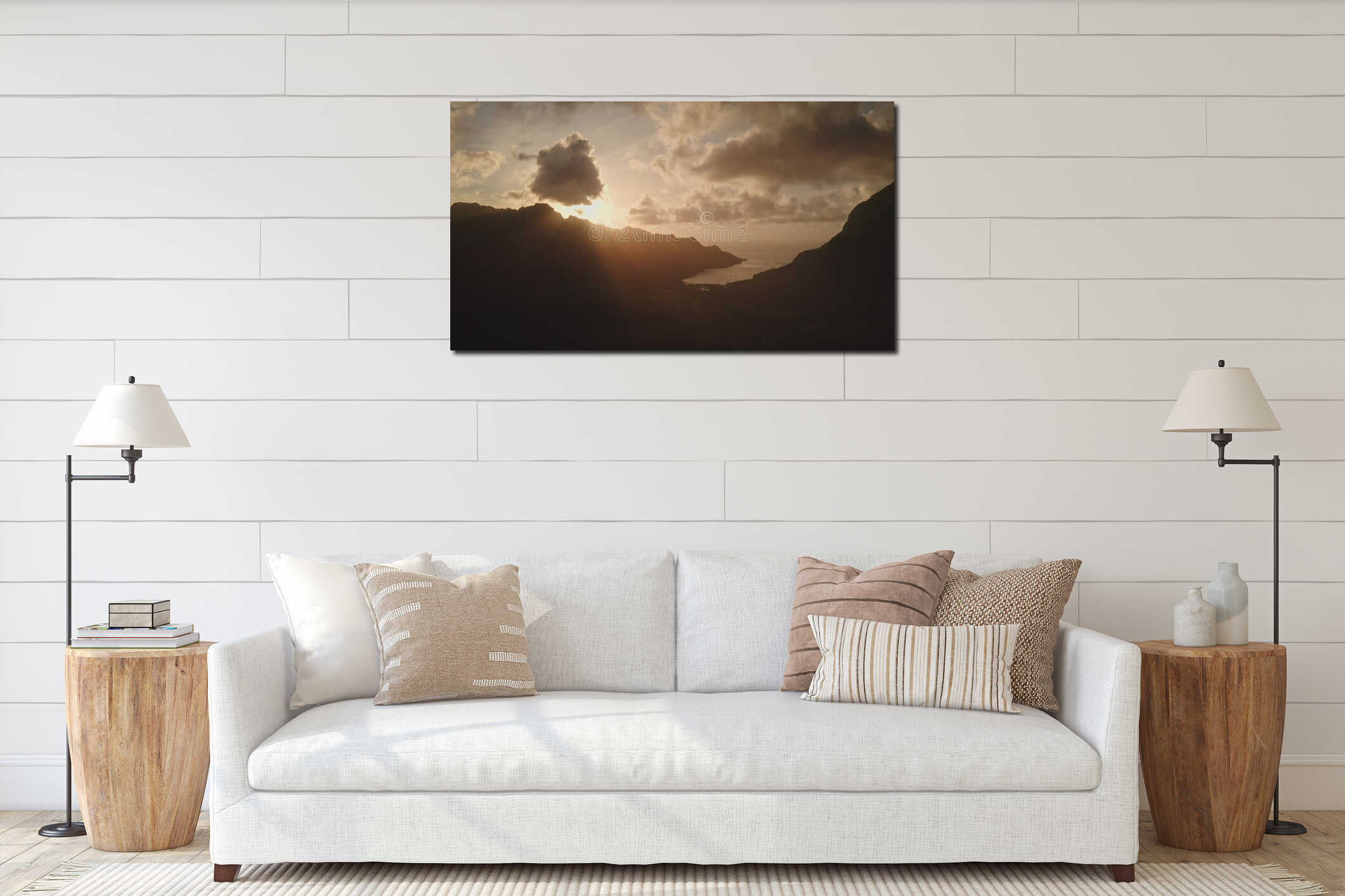 Breathtaking tropical sunset panorama Moorea, French Polynesia, golden light clouds, tranquil ocean interior mockup