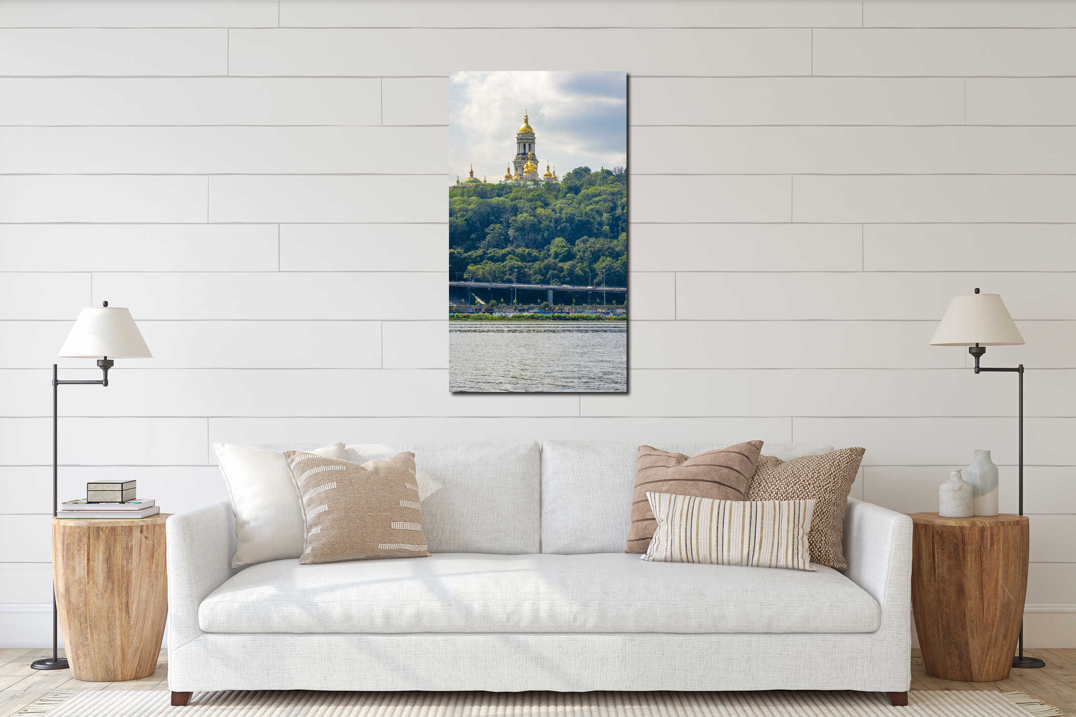 Kyiv Pechersk Lavra monastery towering over Dnipro river and lush vegetation interior mockup