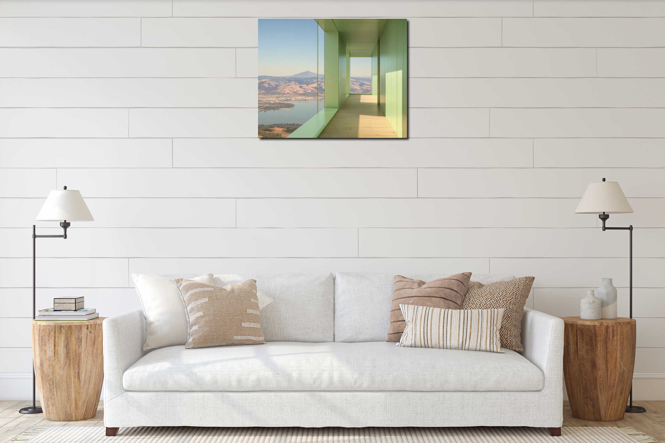 A long hallway with a view of a city and a lake interior mockup