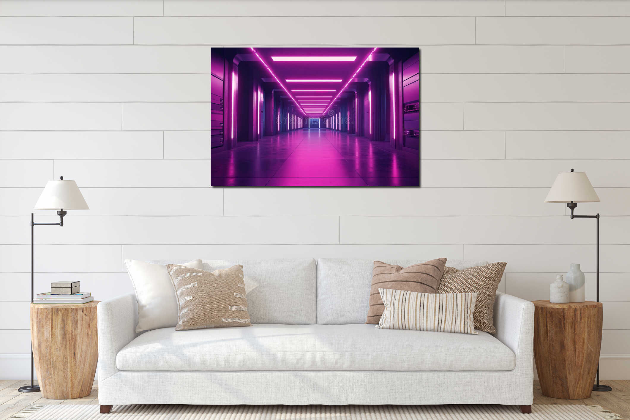 Futuristic purple neon hallway with geometric ceiling lights interior mockup