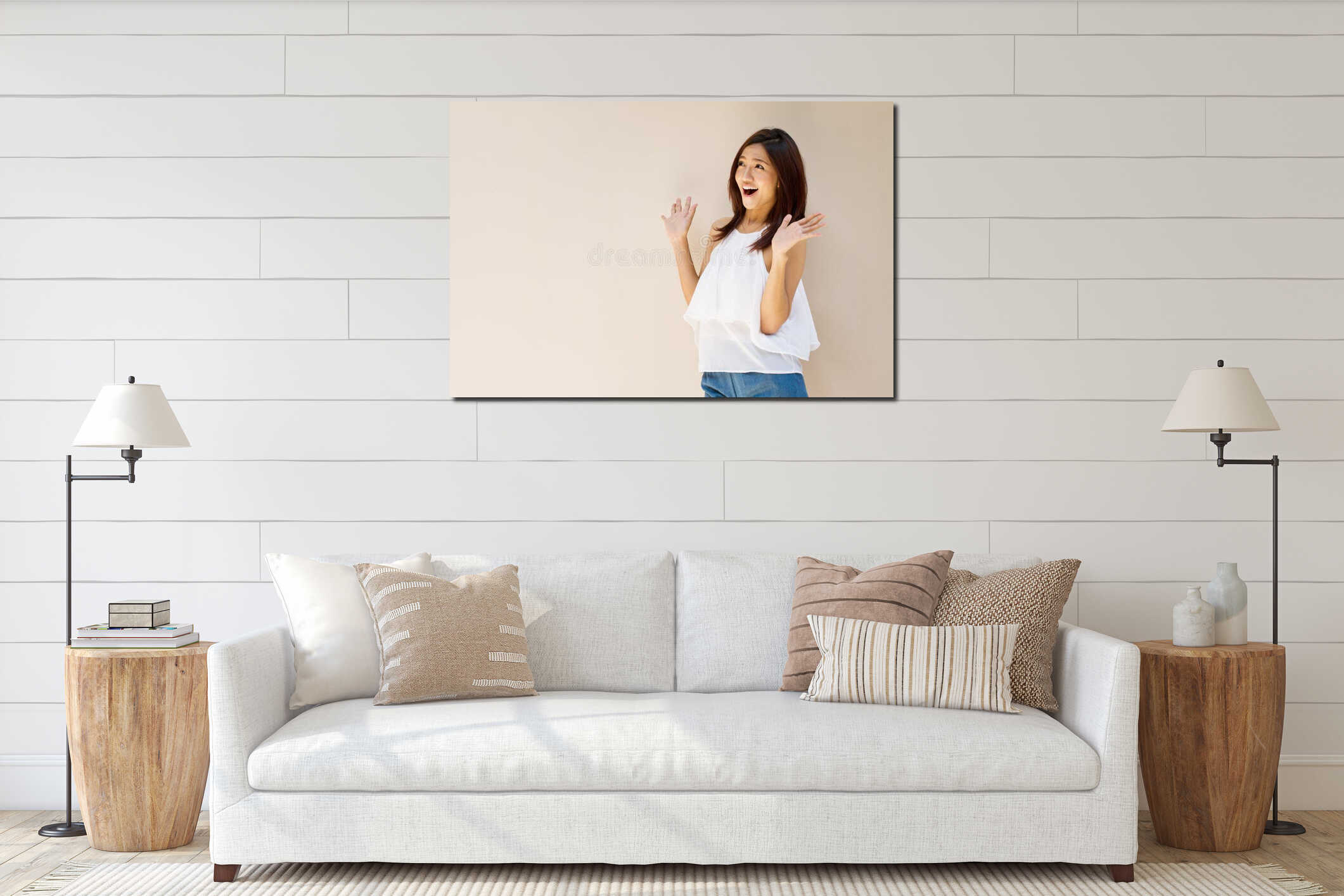 Happy woman showing exciting positive expression interior mockup