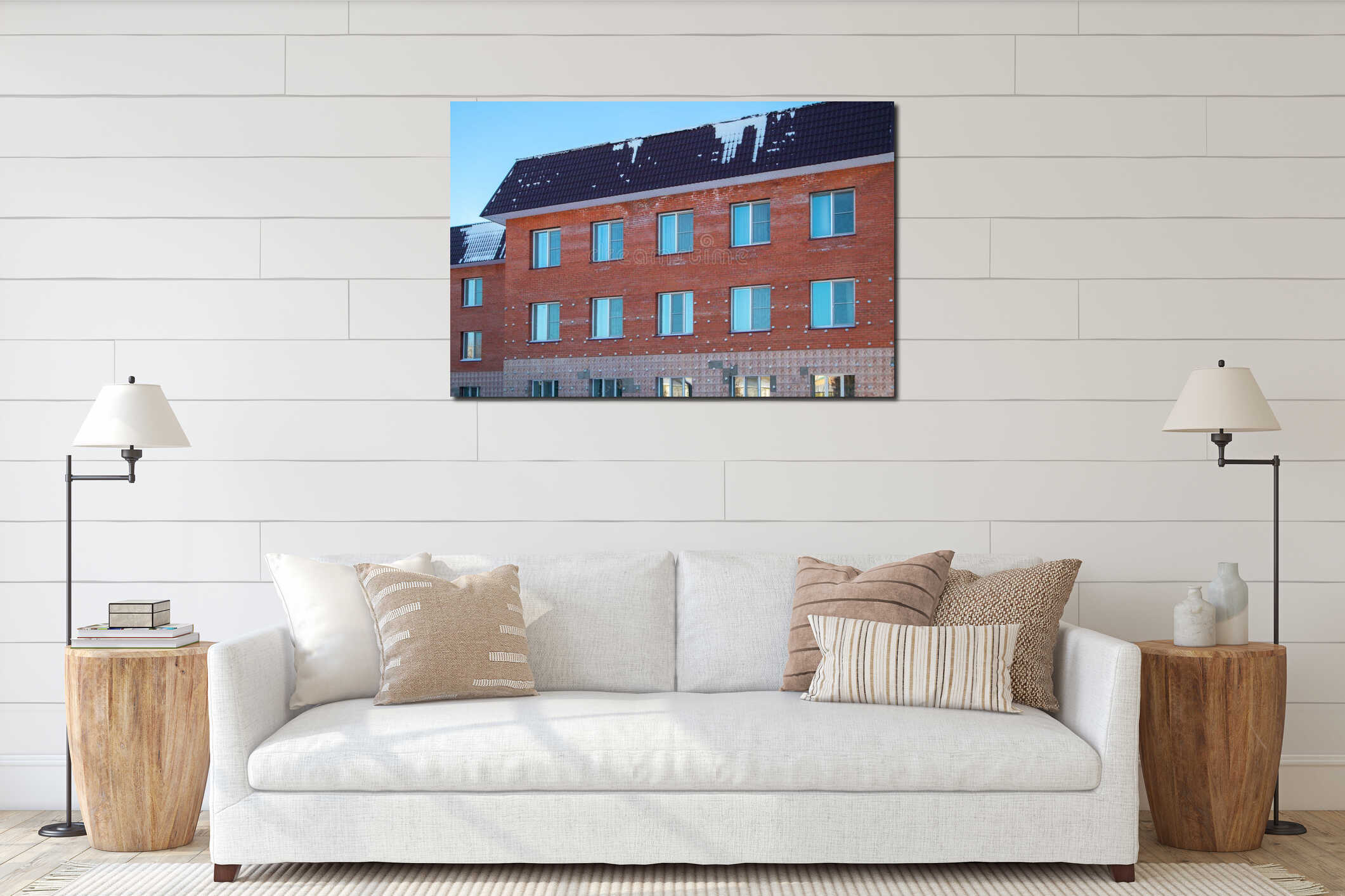 Brick residential building with tiled roof and snow, blue sky, horizontal low angle, worm eye view, low angle interior mockup