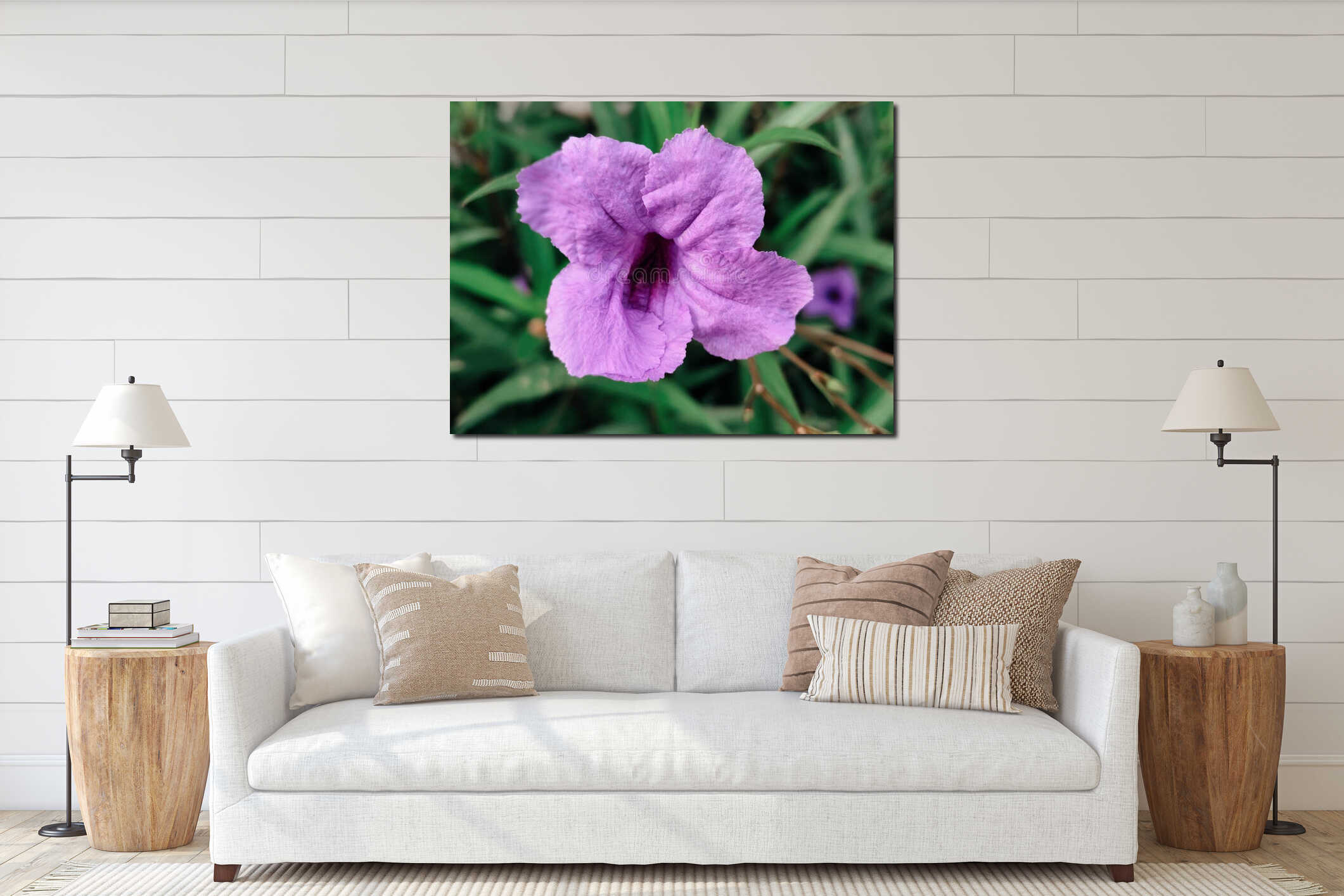 Close-up of a vibrant purple flower with wrinkled petals. interior mockup