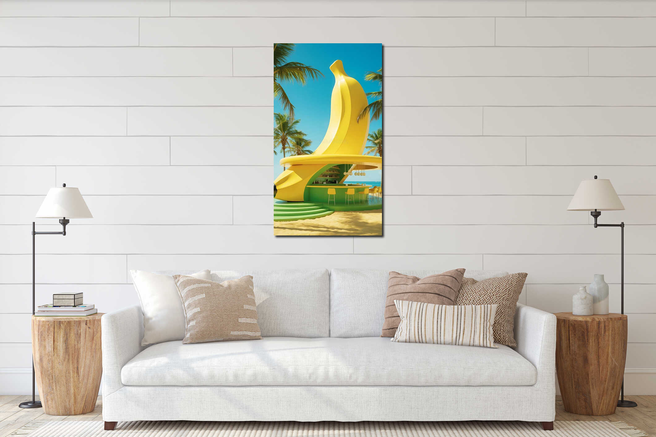 Banana-shaped tropical beach bar with palm trees interior mockup