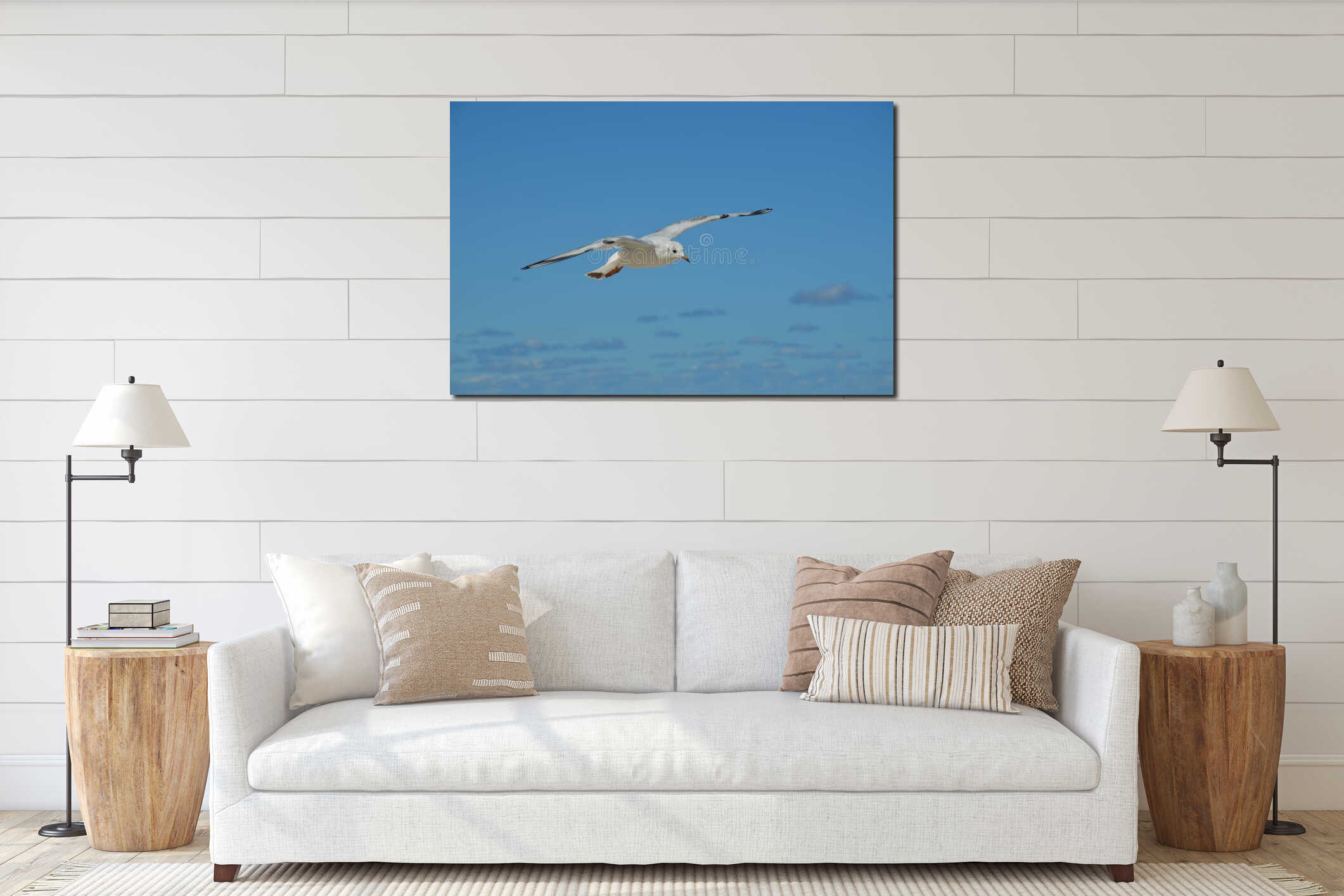 Seagull in Flight Against Blue Sky interior mockup
