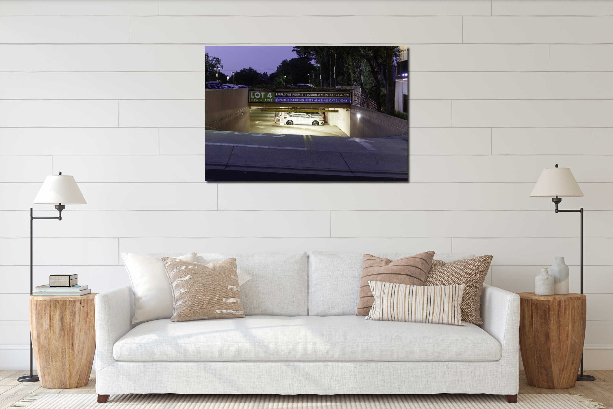 Entrance to an illuminated underground parking garage interior mockup