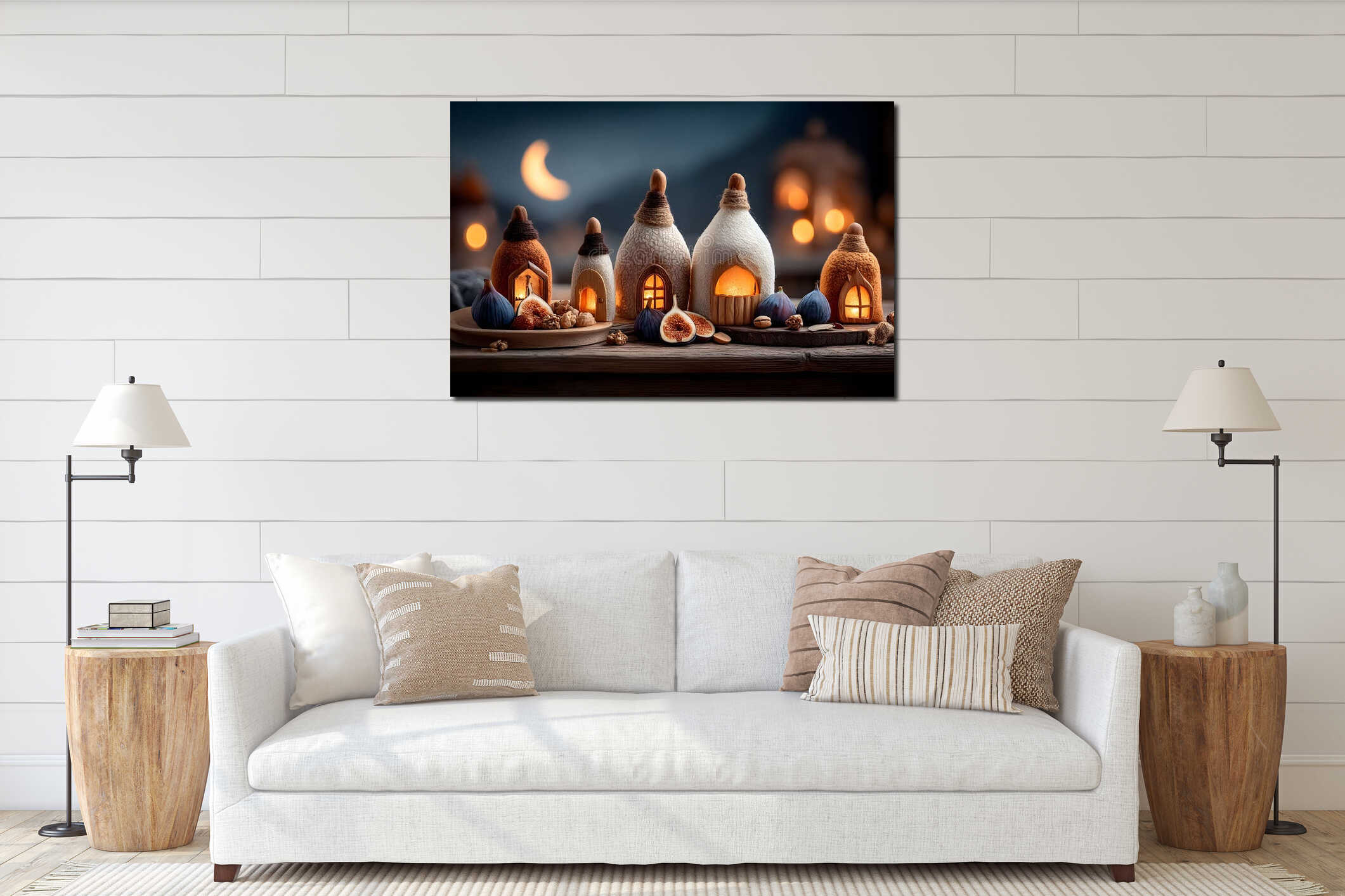 Cozy Autumn Decor with Candlelit Houses, Figs, and Nuts for Warm Seasonal Atmosphere Generative AI interior mockup