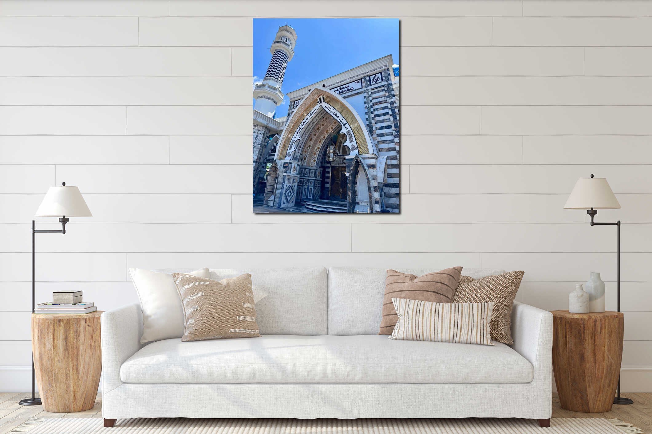 Modern Mosque Architecture with Ornate Entrance and Minaret Against Blue Sky interior mockup