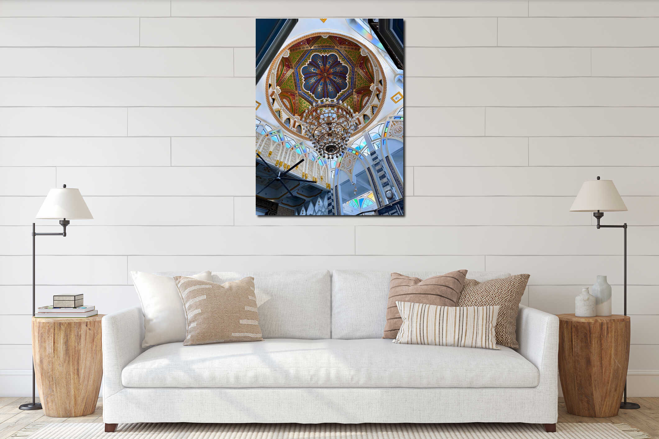 Grand Mosque Interior with Ornate Dome, Chandelier, and Islamic Calligraphy interior mockup