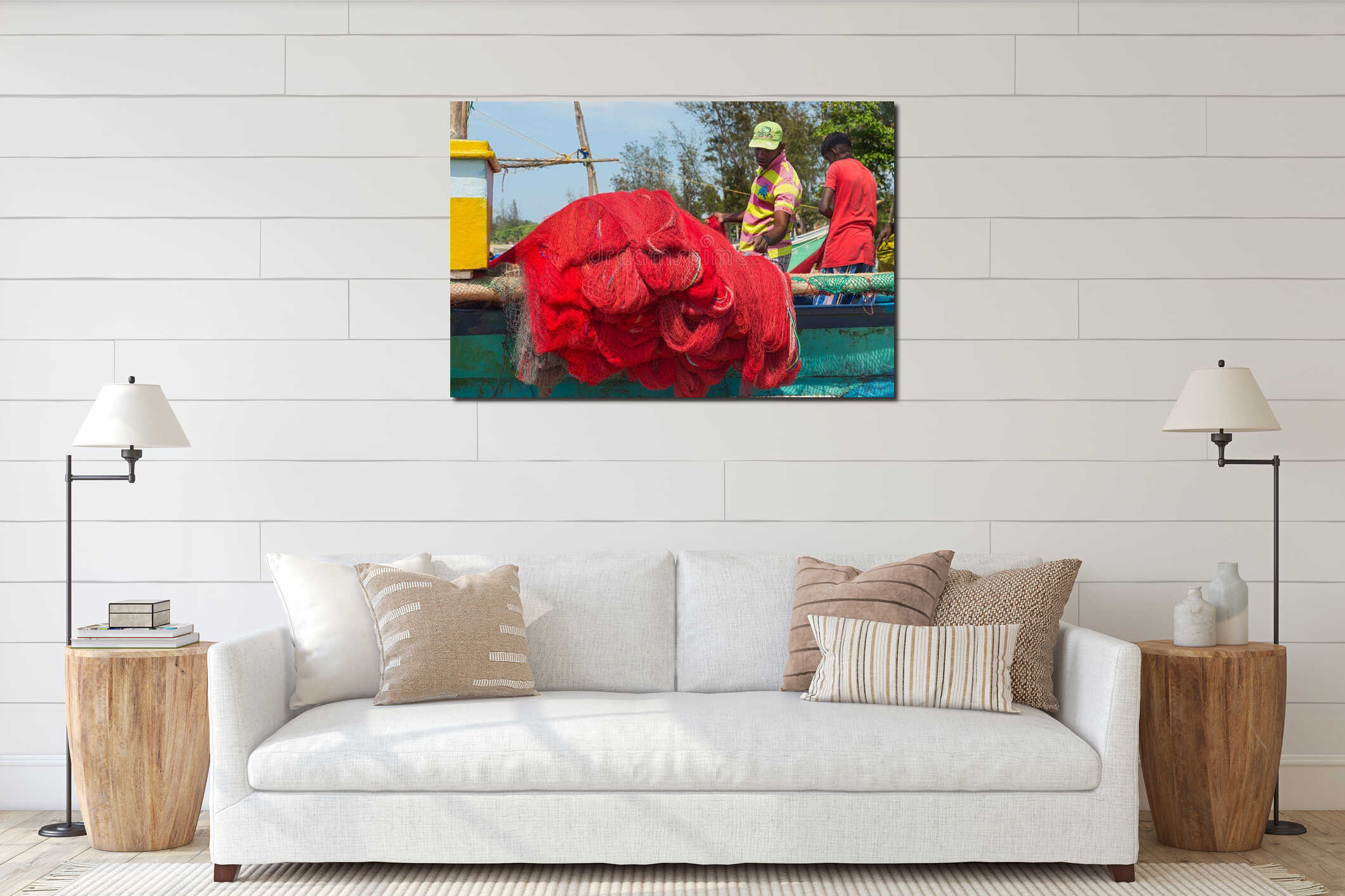 Fisherman preparing fishing net on a boat interior mockup