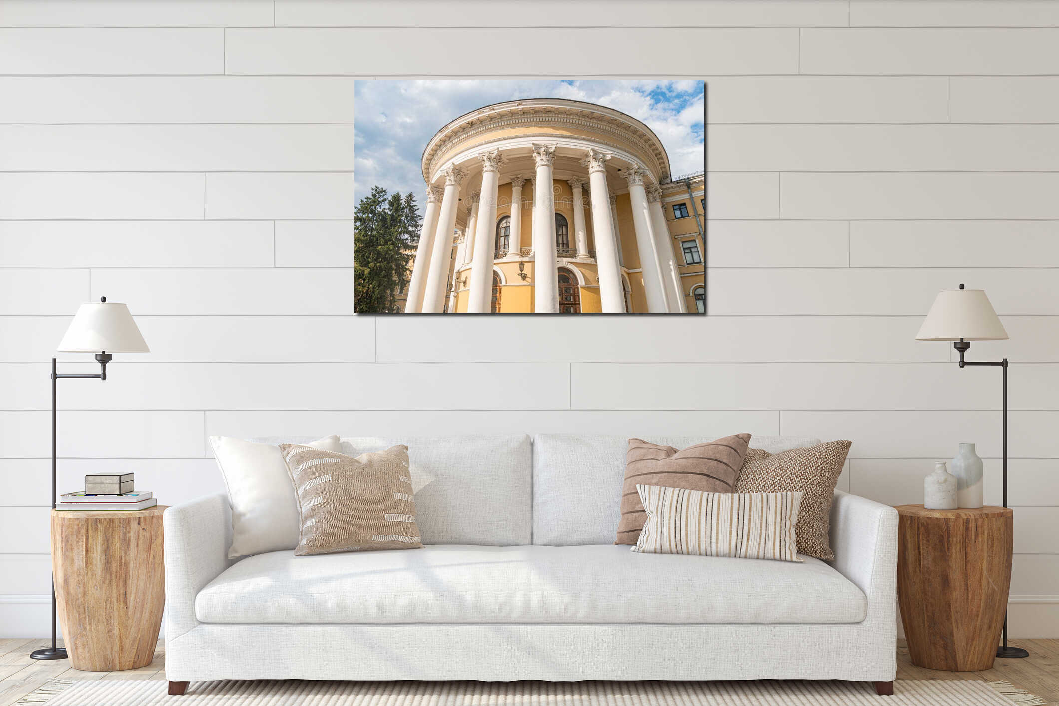 Old European city street view, grand building with yellow and white facade, central golden dome, decorative columns, natural light interior mockup