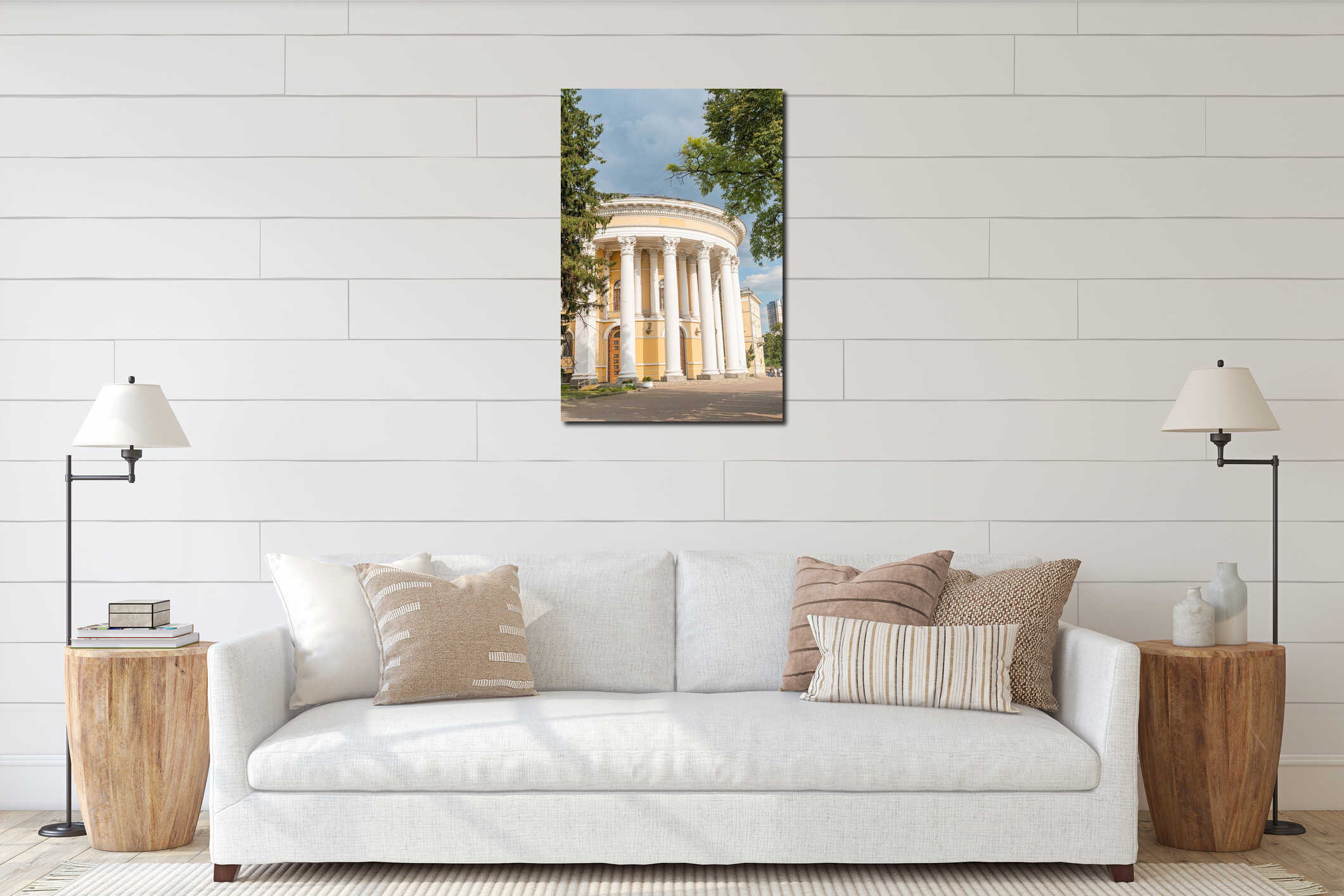 Old European city, grand architectural structure with a large circular dome, yellow and white color scheme, intricate details interior mockup
