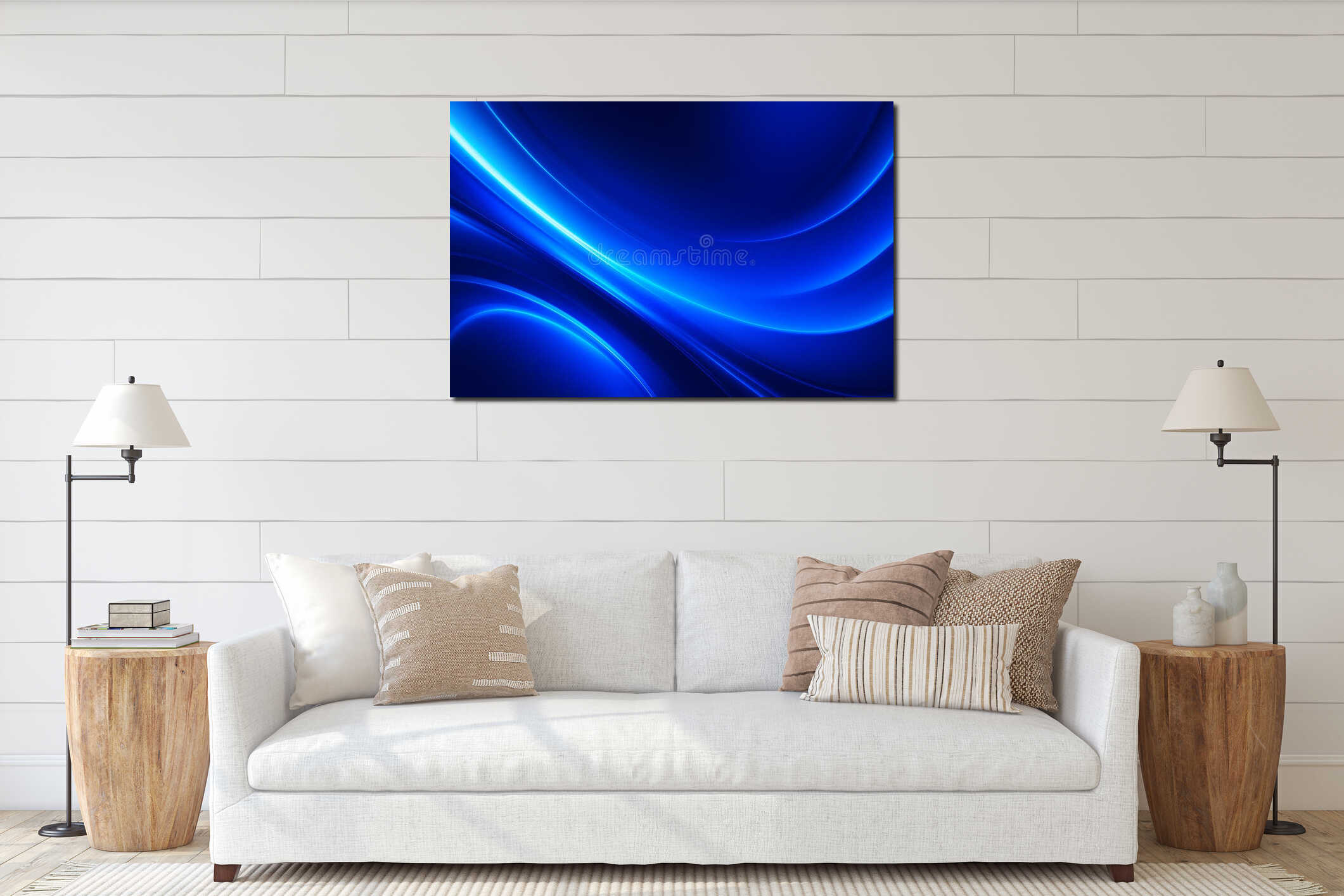Bright blue glowing streaks curving smoothly across gradient background forming layered abstract waves interior mockup