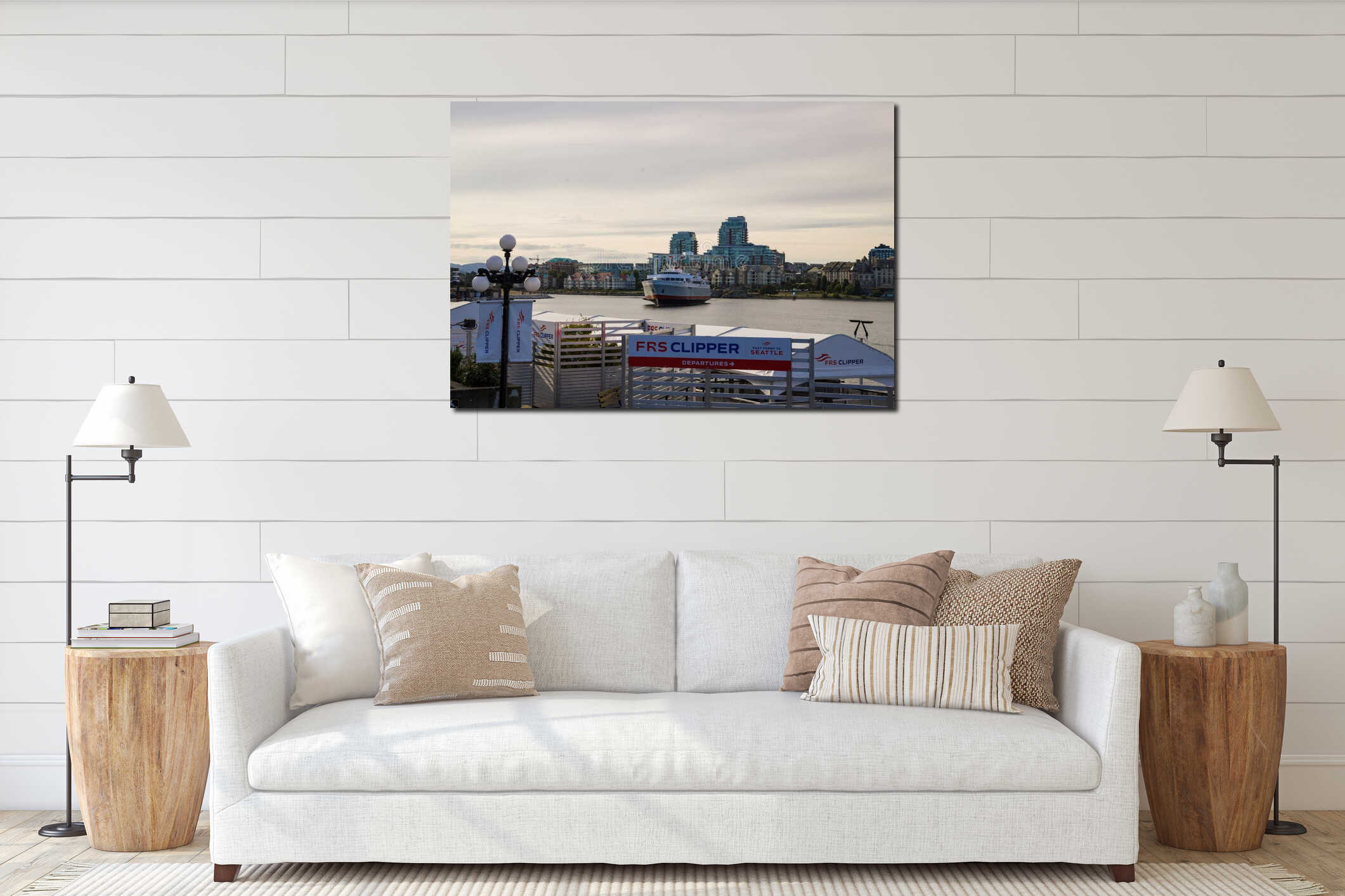 A view of the waterfront in Victoria, Canada, with a large passenger ferry arriving from Seattle interior mockup