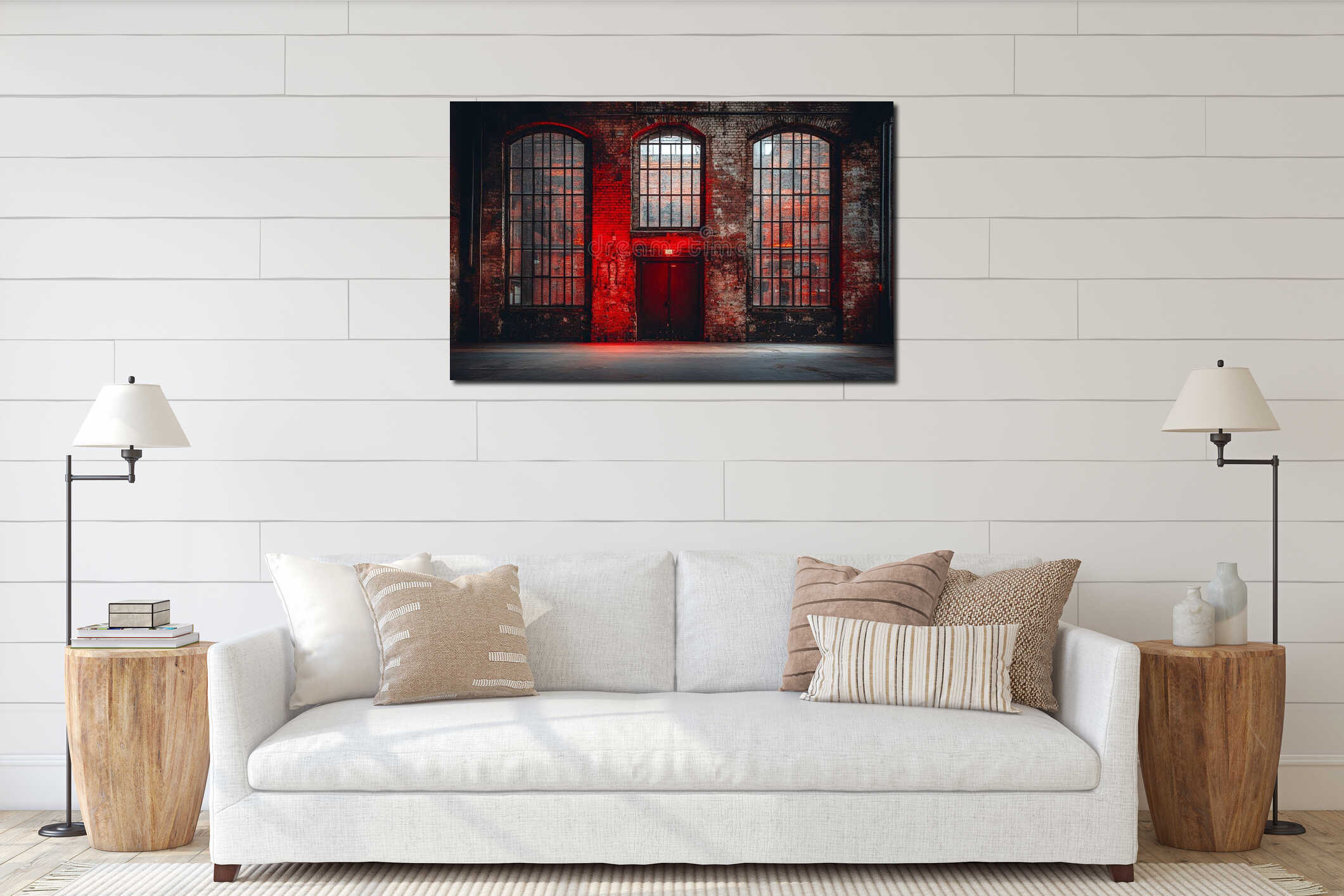 Red light illuminates an old brick building's interior, showcasing three arched windows and a large door interior mockup