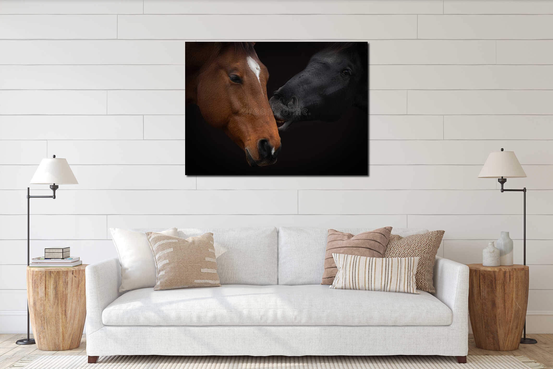 Two horses, black and brown, close-up portrait interior mockup