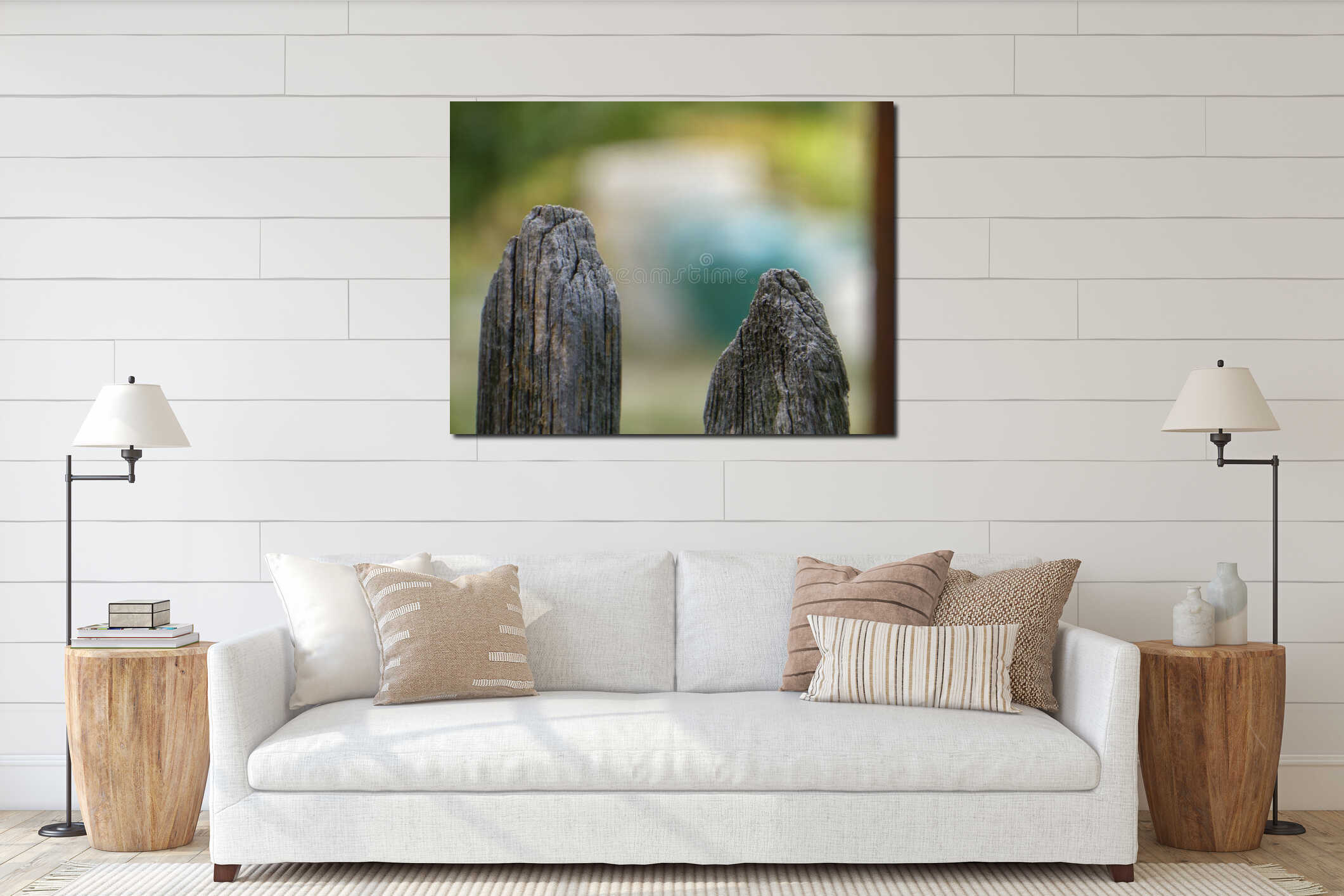 Two old wooden posts with blurry background interior mockup