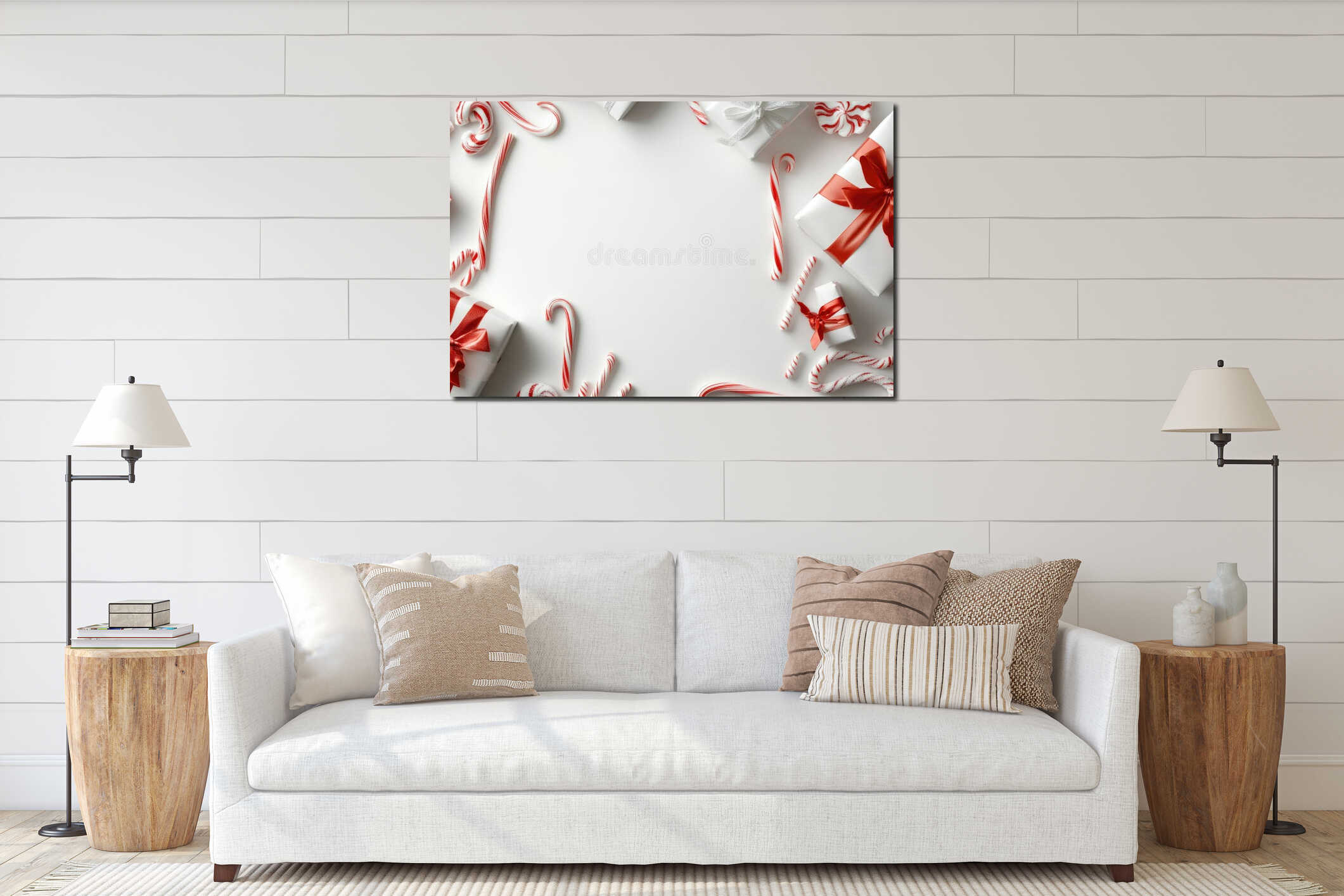 Festive christmas candy cane and gift border with pine cones and snowflakes interior mockup