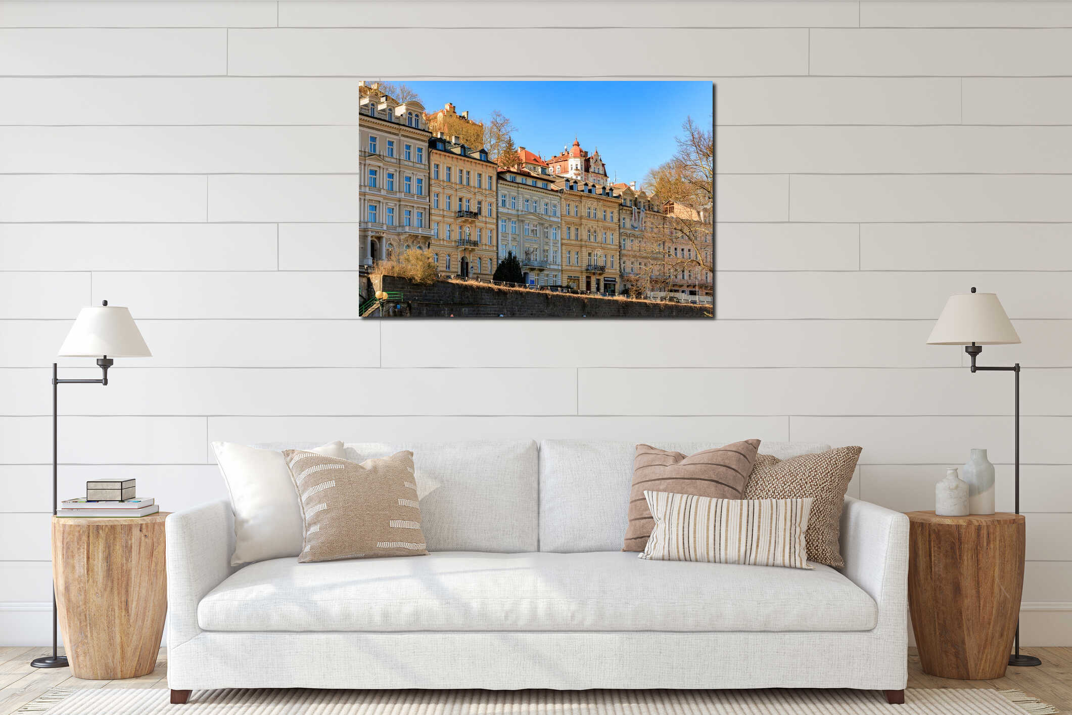 Historic european architecture: colorful facades in sunny urban landscape. March 19, 2025, Karlovy Vary, Czech Republic interior mockup