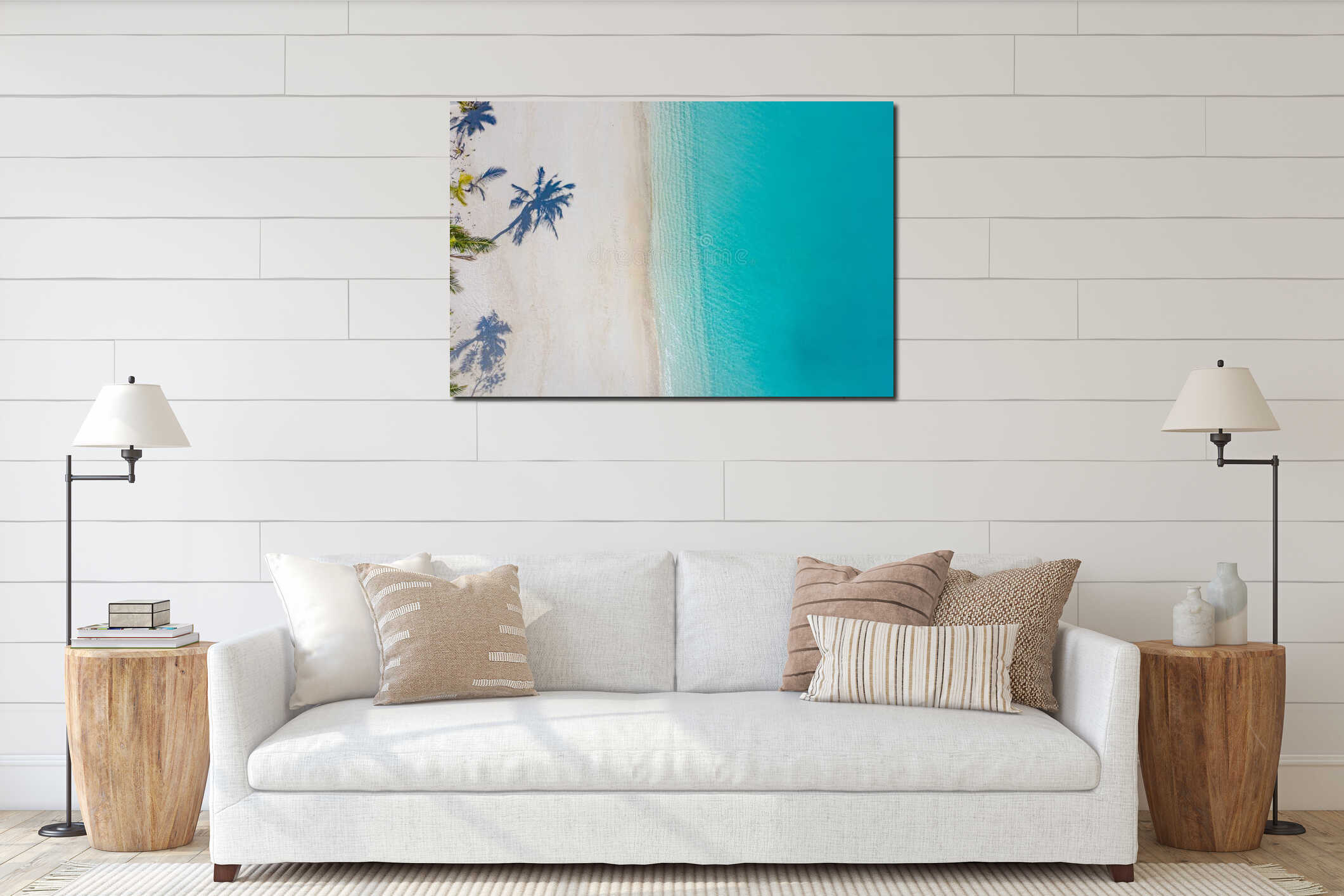 Stunning aerial beach view with tranquil pristine sea shore and palm tree shadows on sand summer vacation wallpaper interior mockup