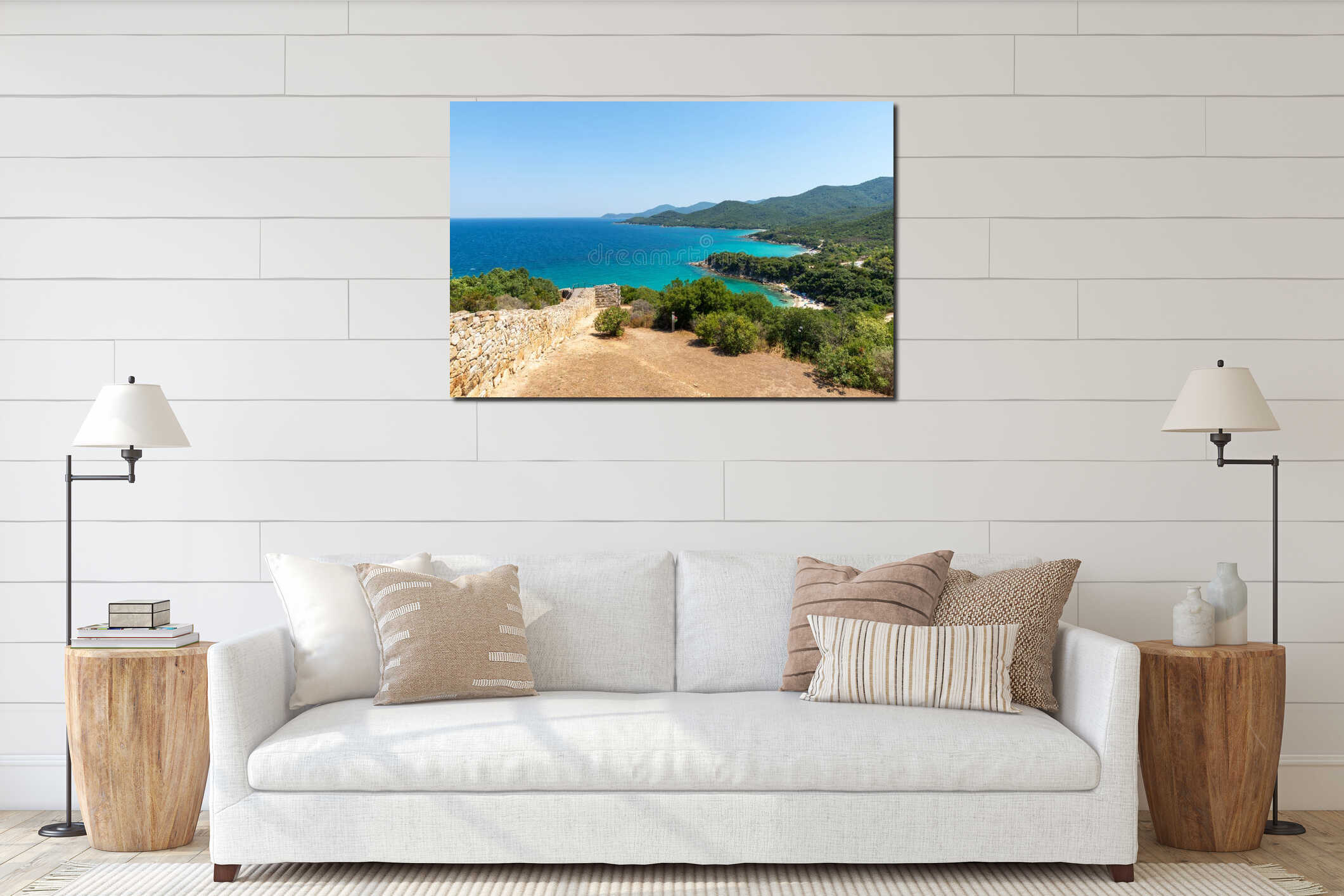 Stunning turquoise bays and lush green hills along Aegean coast near Stagira, Greece interior mockup