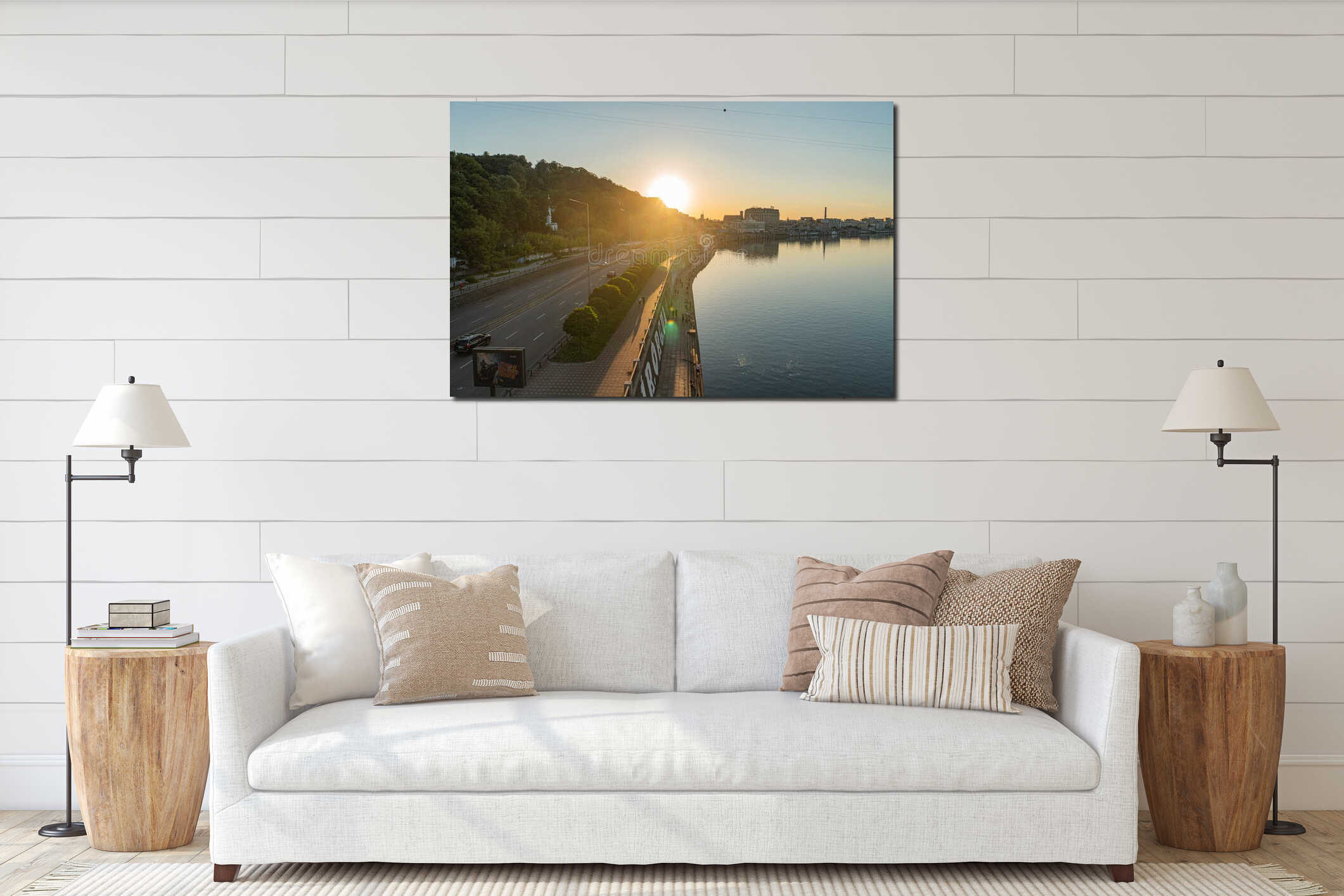 Calm harbor with boats at sunrise or sunset in Kyiv, Ukraine Road with traffic markings, sturdy concrete wall, tranquil water interior mockup