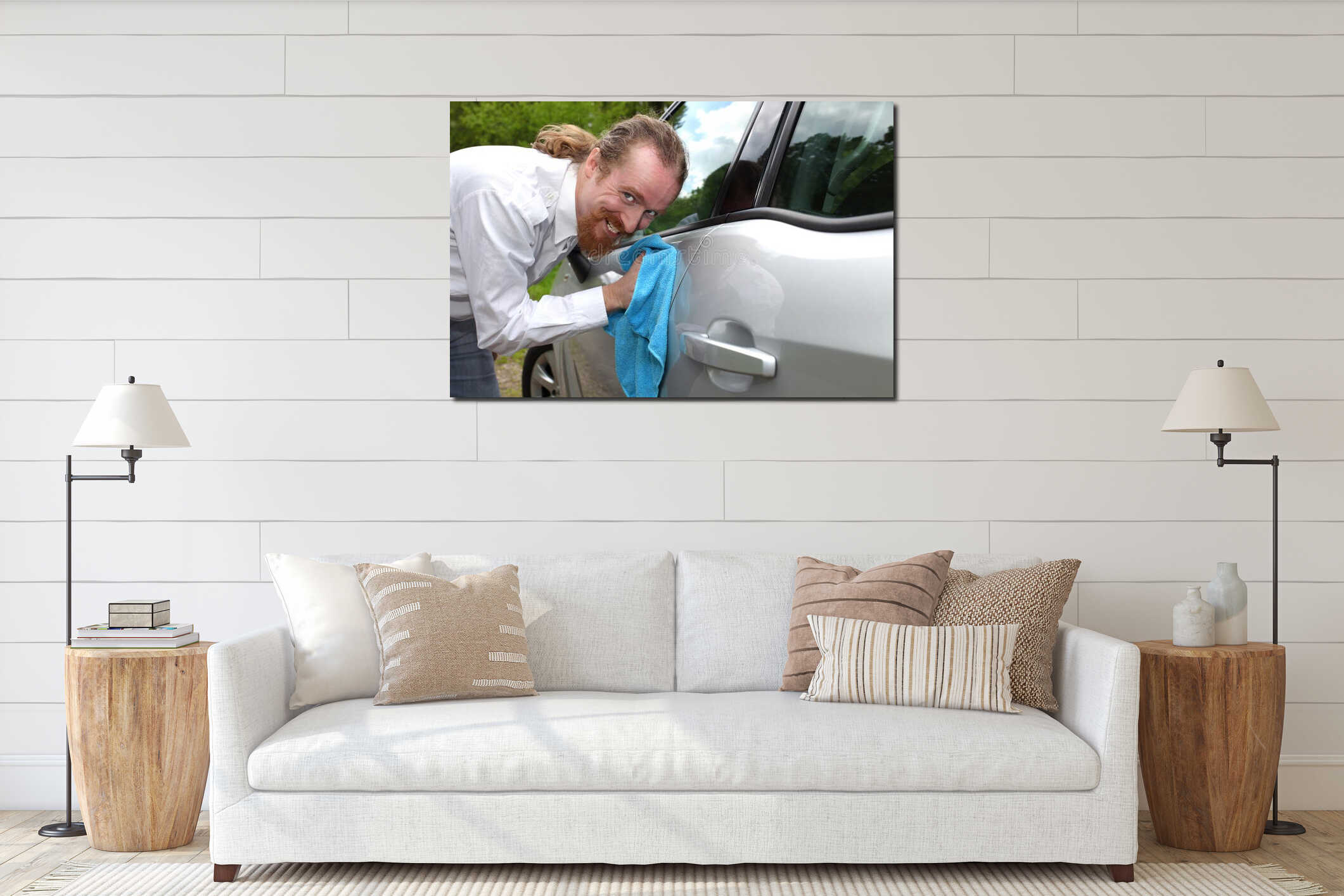 Portrait of funny man washing car interior mockup