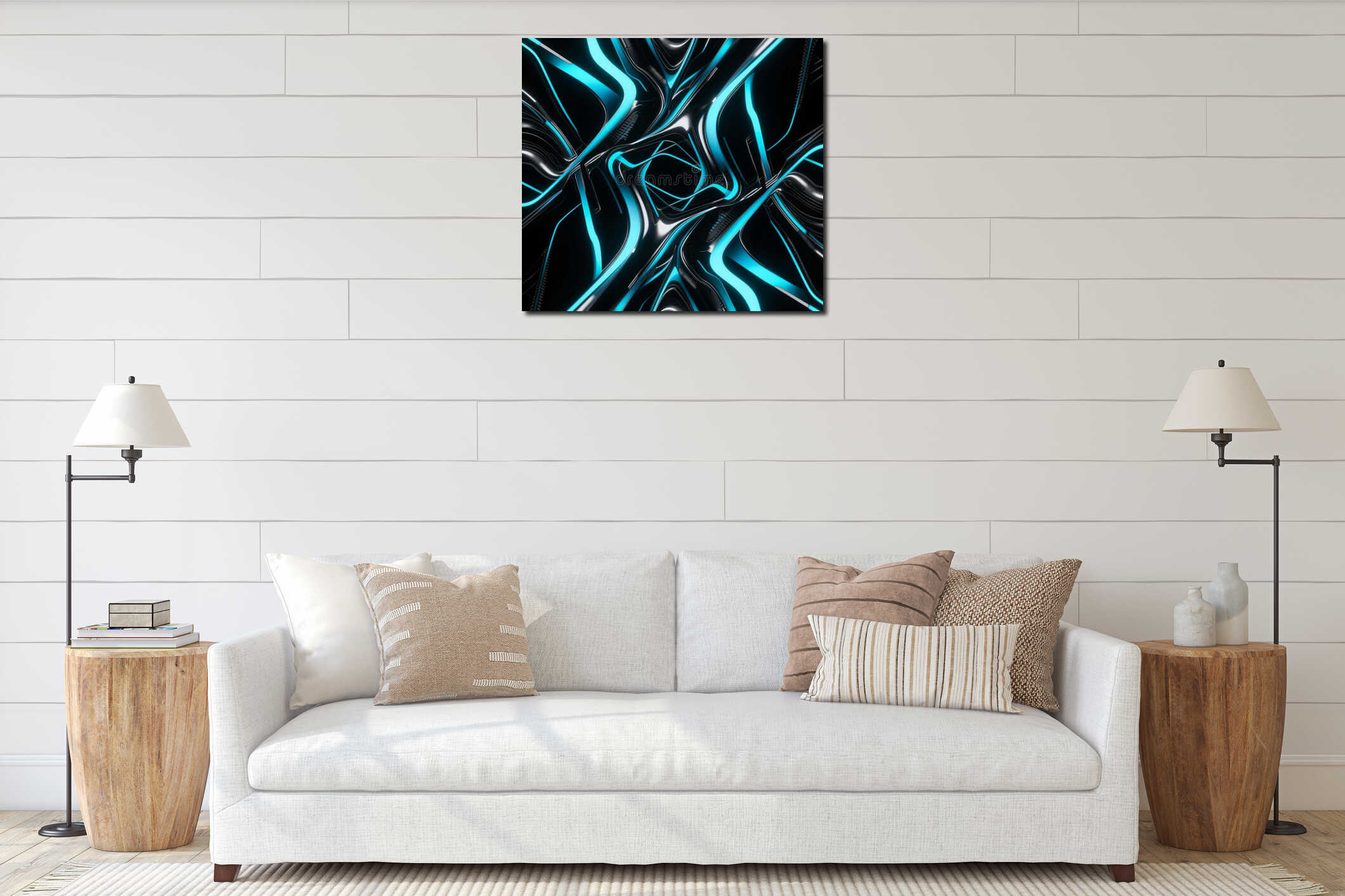 A symmetrical, abstract design with flowing metallic curves and bright blue glowing lines. interior mockup