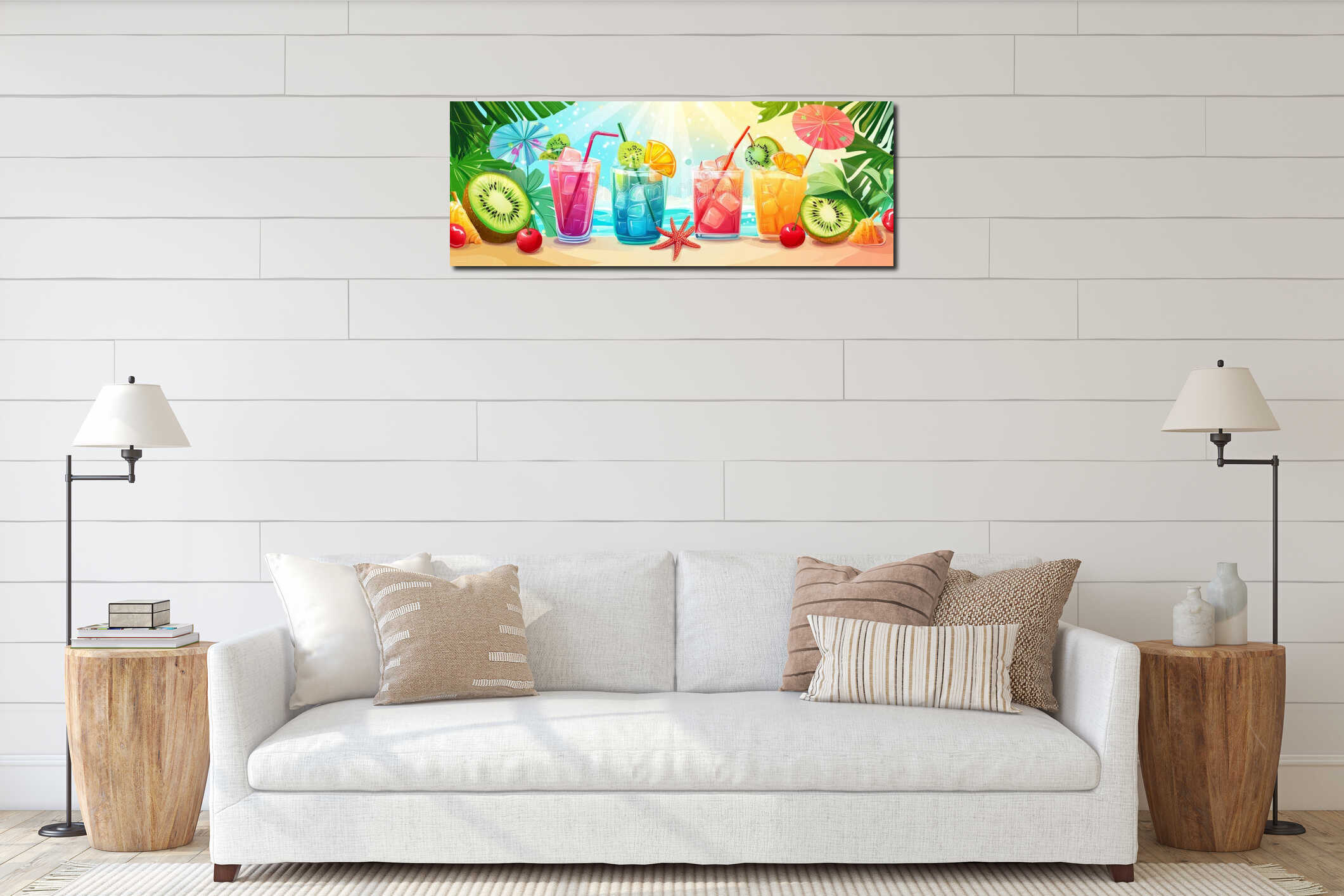 Banner with cocktails, palms, and seashells for a tropical beach party interior mockup