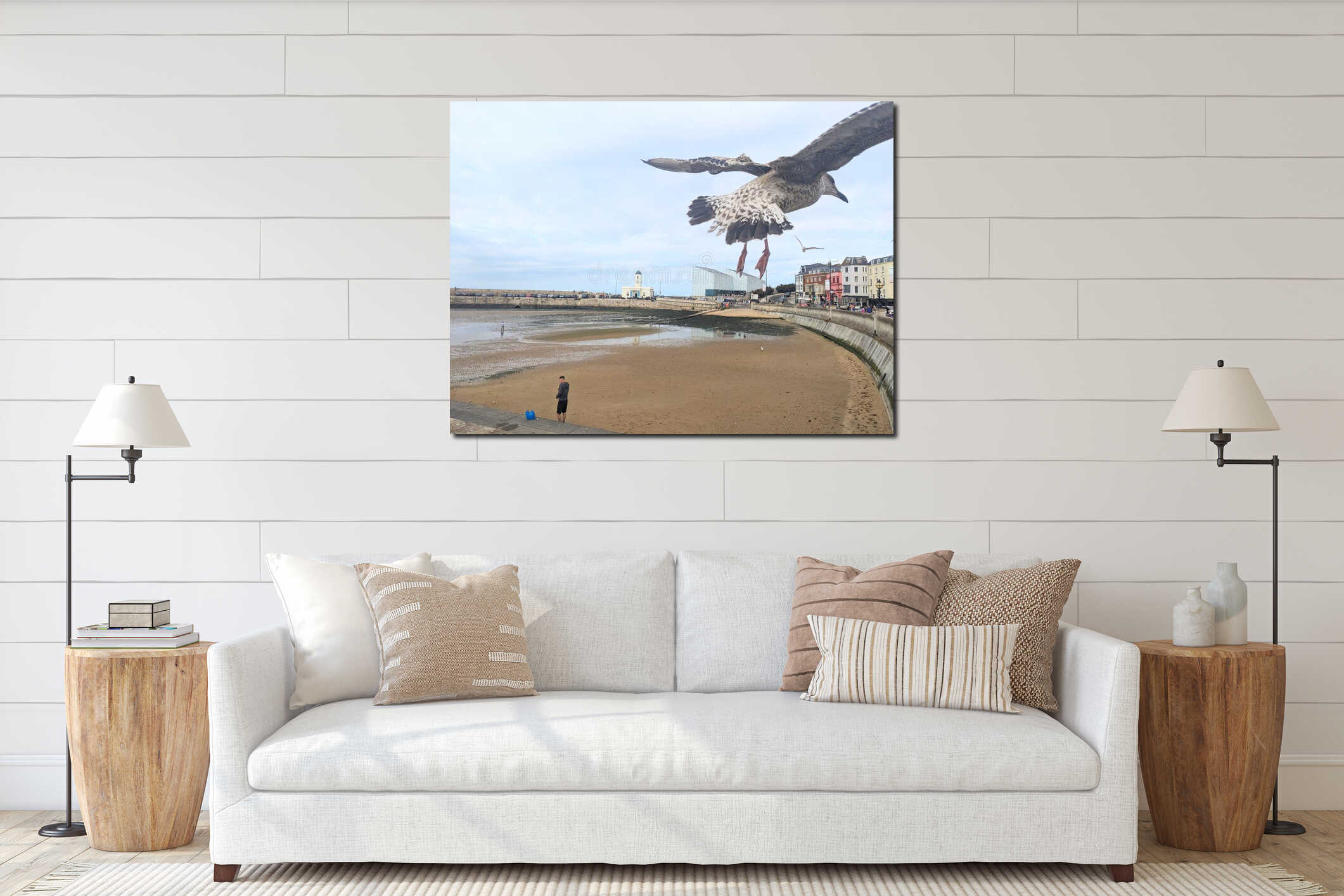 Seagull in flight photobombs the scenic view of Margate Harbour and Turner Contemporary gallery interior mockup