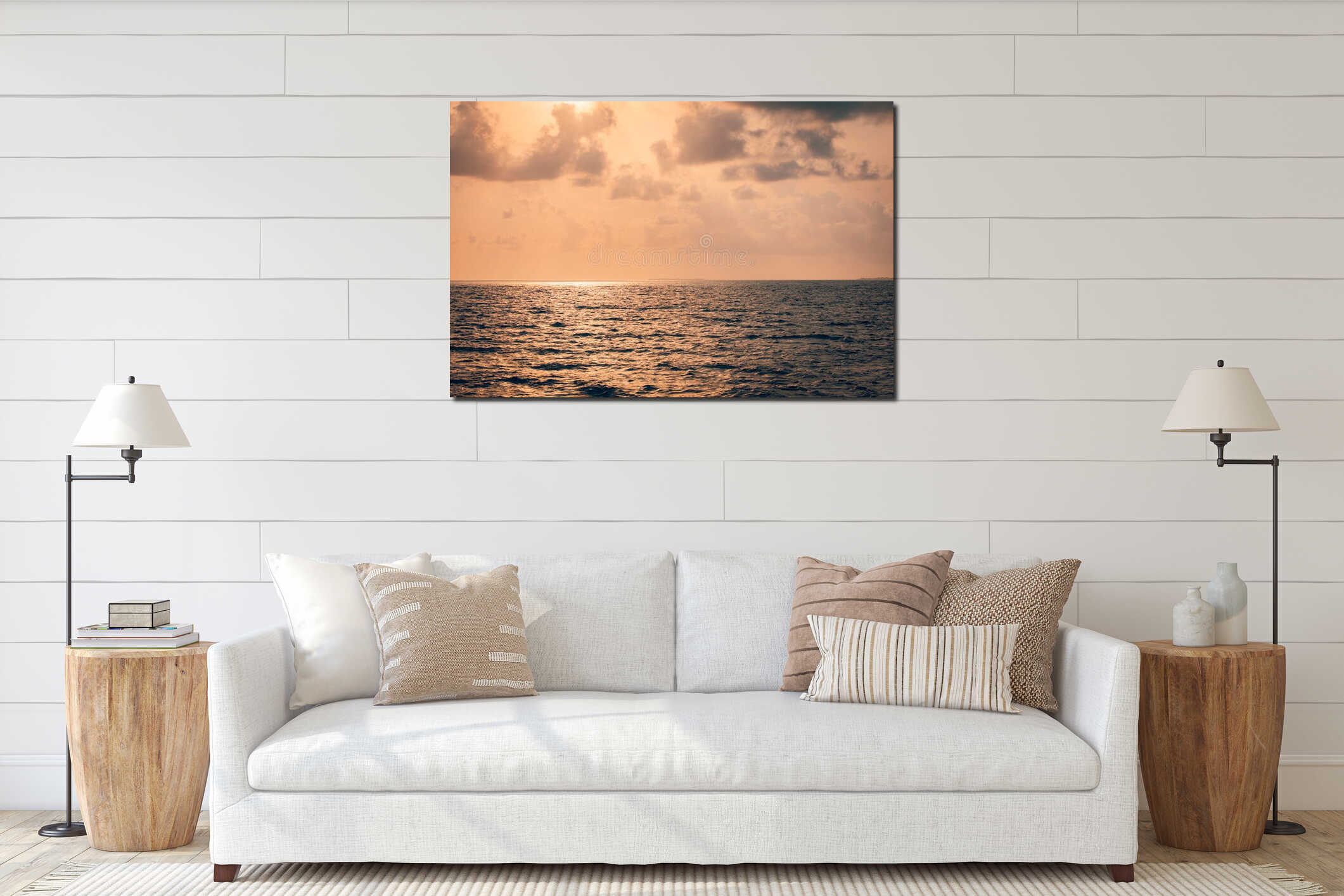 Gorgeous sunset seascape horizon calm waves ocean surface tranquil peaceful nature background freedom carefree natural wall art interior mockup