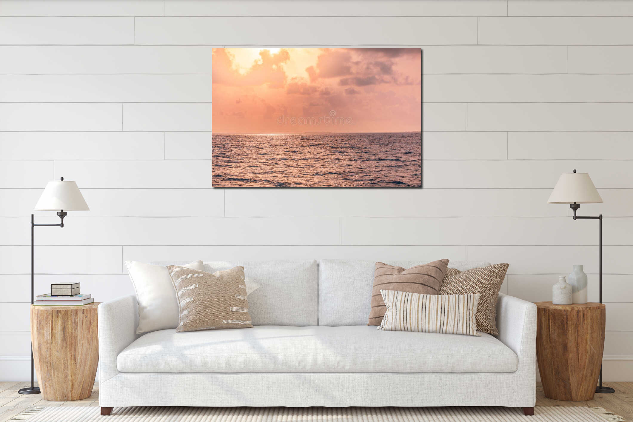 Gorgeous sunset seascape horizon calm waves ocean surface tranquil peaceful nature background freedom carefree natural wall art interior mockup