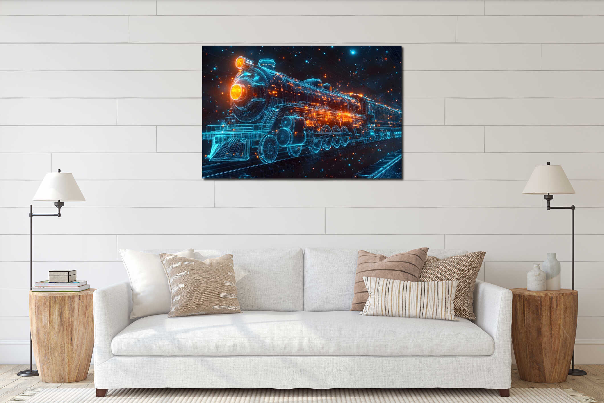 Hyper detailed digital illustration of a vintage locomotive in a futuristic style interior mockup