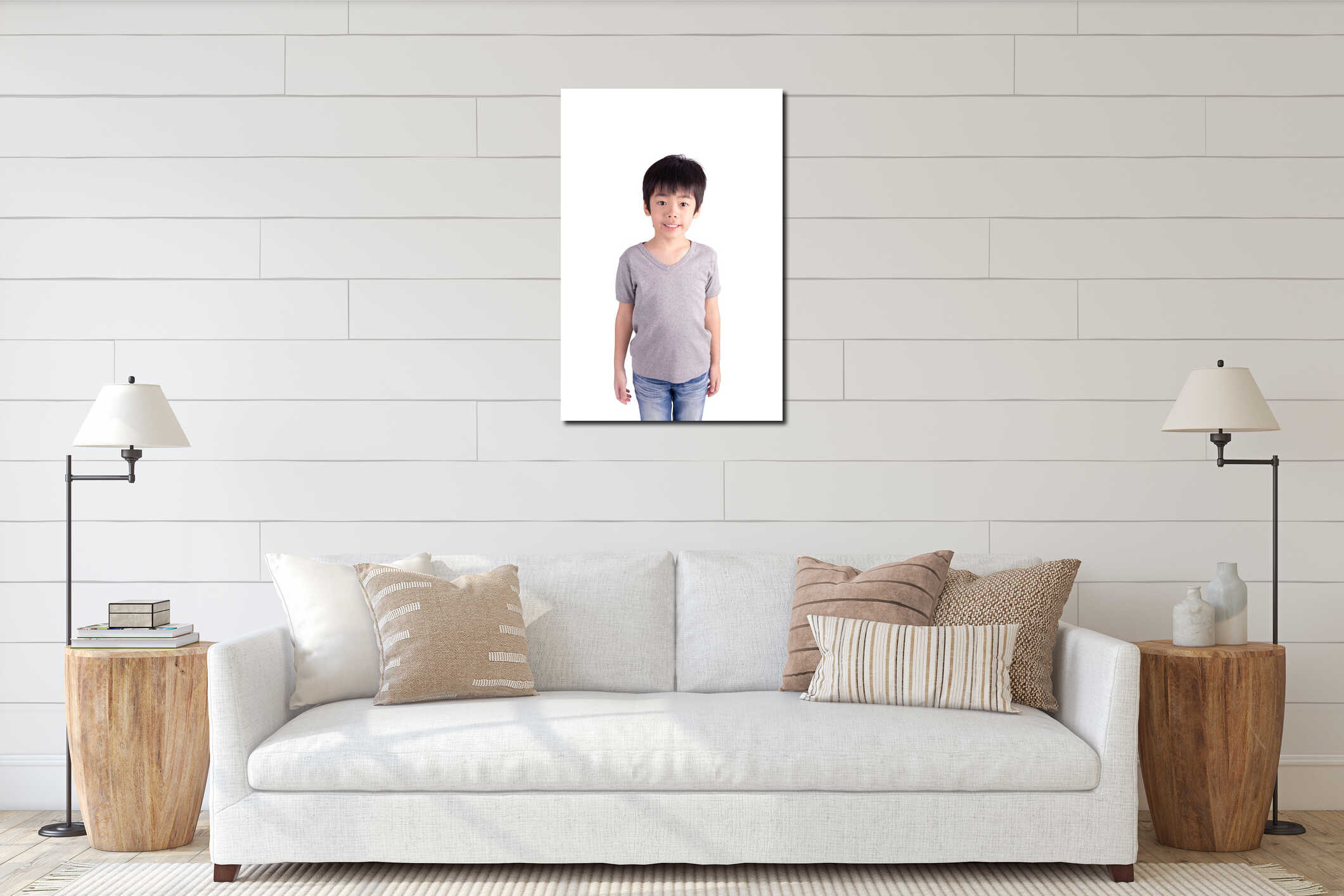 Portrait of happy joyful little boy interior mockup