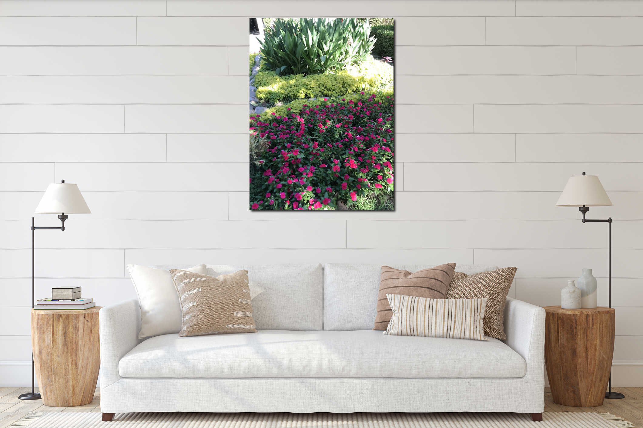 Beautiful garden and nice  flowers. Sunny day. Red flowers. Summer day in the park. interior mockup